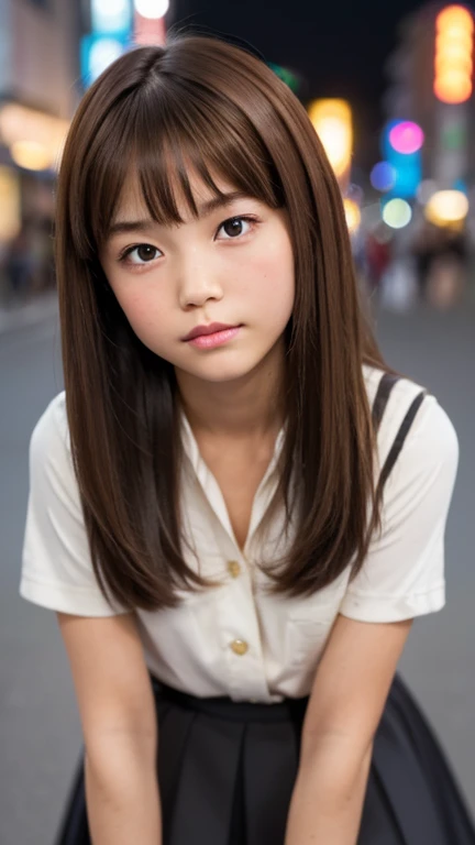 Japanese beautiful girl, Embarrassed look, figure, (Highest quality, Super detailed), Looking down、 Gentle lighting, Flowing Hair, one piece、Delicate features, Dreamy atmosphere、Analog Film Photography、20-year-old、80',Cyberpunk-style lo-fi animation、