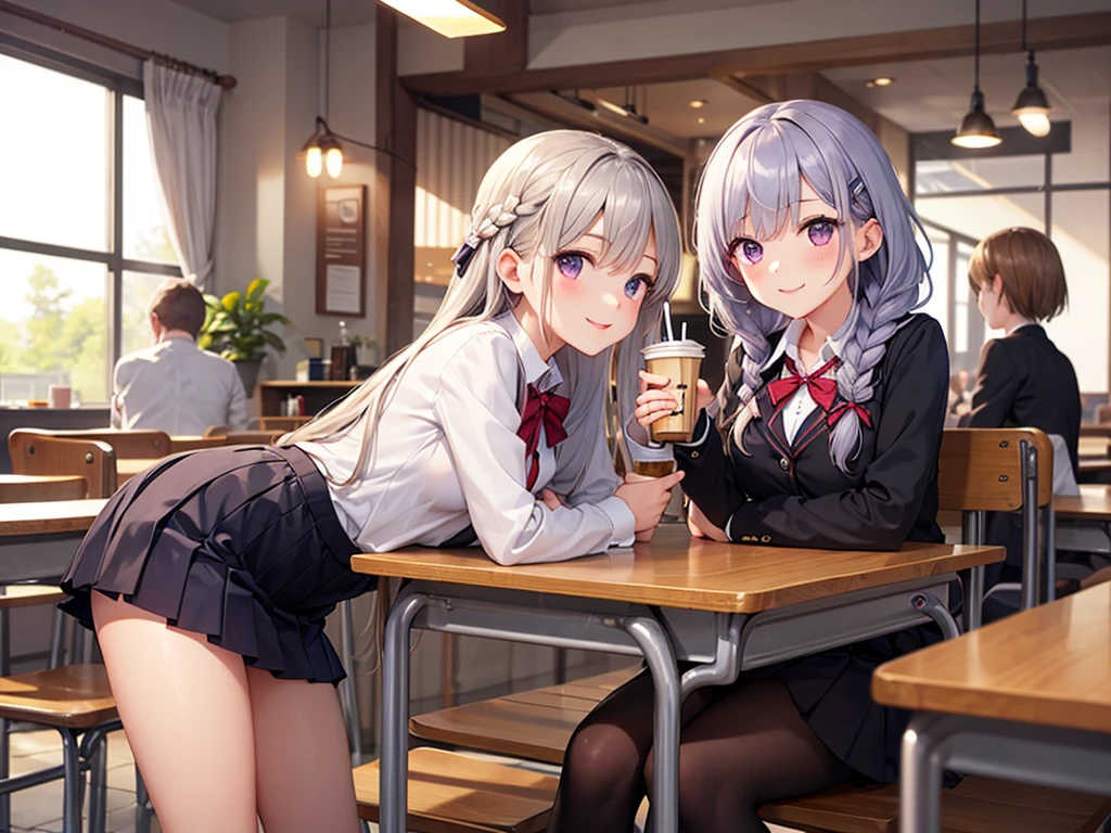 Generate a female character with silver hair who has light blue eyes and who has an elegant but at the same time simple style in her clothes and who is sitting in a restaurant