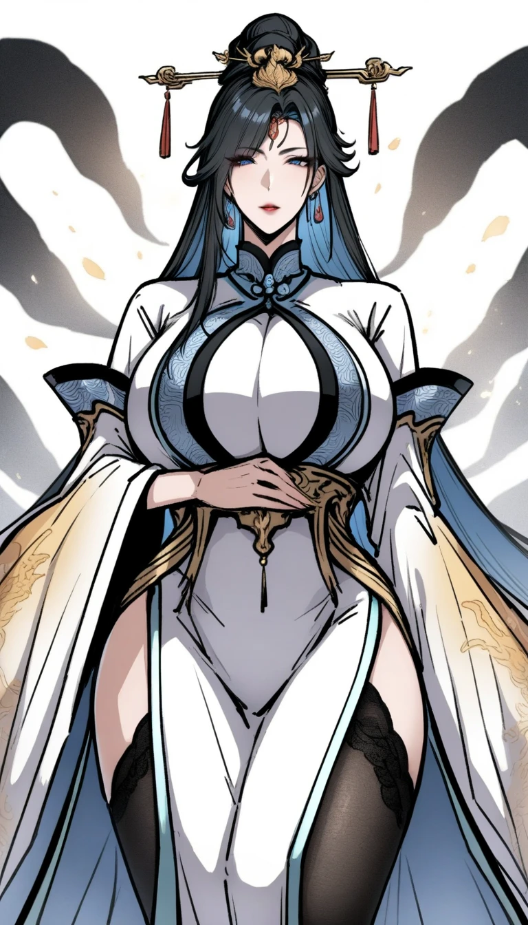 Masterpiece, very detailed, ultra detailed, one, (1 woman), Photo of a woman in a short Japanese yukate with gold details and black stockings, with a black katana in her hand with an aura of death, with black eyes, long black straight hair and straight bangs, with huge breasts, she with black demonic horns and black dragon wings, around her the aura of death