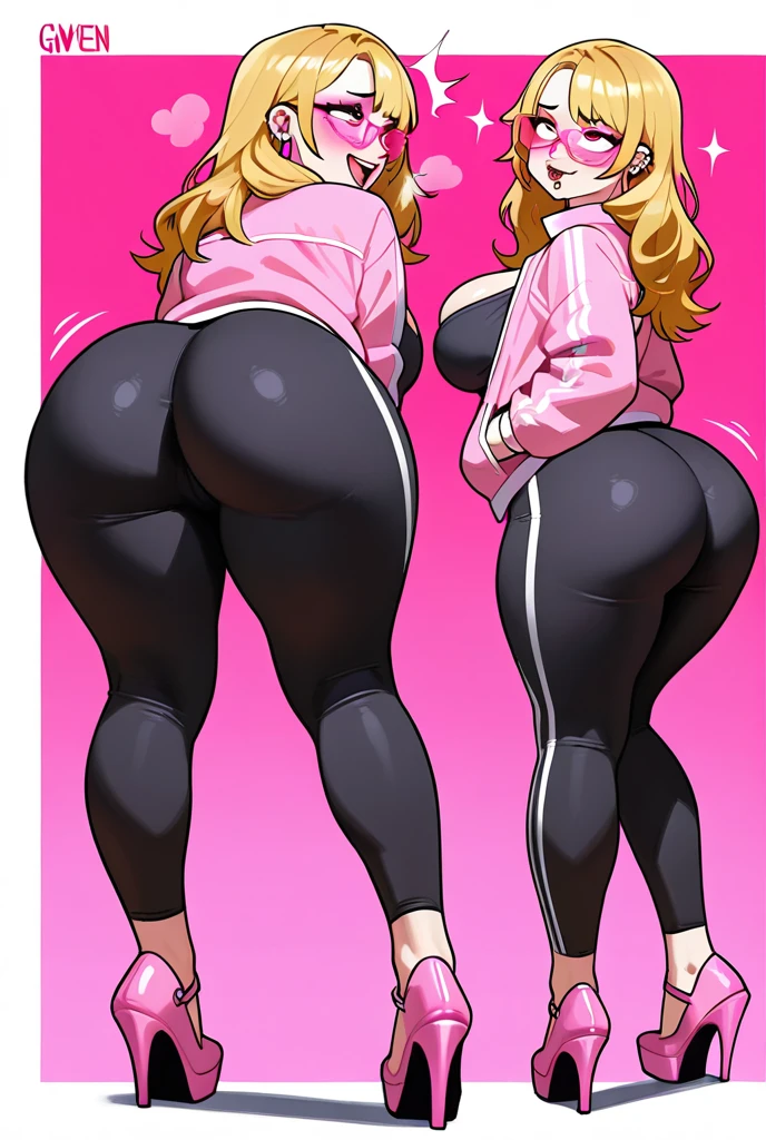 (masterpiece, best quality:1.3), Rizdraws, Thin Lineart, Soft Lineart, Film Grain, Soft Shading, 1 tall women, muture women, breasts, wide hips, thick thighs, black pants, from behind, wide butt, panty peek, pink sparkly panties, glitter panties, thick navy blue jacket, long brown hair, blond hair, look back, hands on ass