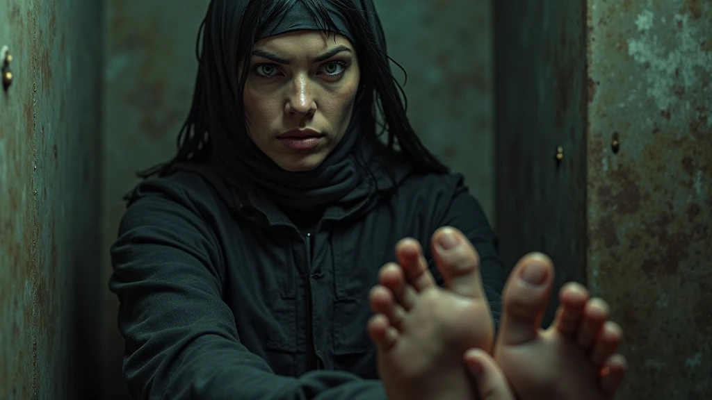 realistic style, photo, photorealistic, high detail, (sharp), (photorealism:1.2), (photo:1.2) of a Syrian 53yo woman, hijab, sad eyes, kneeling helpless, pleading face, dark skin, Hand POV, Hands tied, Raise your hands above your head, restraint, Handcuffs, Being pulled by another person, torn dress, smoke, Lifted by others, grab, pull, pull torn bra, Buttonless crotchless shorts, Umbilical cord tickled with fingers, Raise your hand, helpless, whole body, Umbilical cord, in cellar, a basement dug into the ground, night, Being ?????, people around. [the point of view is between her hands:2], [the point of view is between her hands:1.7], extremely detailed faces and bodies, hyper realistic, natural lighting, vivid colors, photorealistic, masterpiece, 8k. [Entire scene is surrounded by mist, evoking a mysterious and eerie atmosphere, natural reflections].