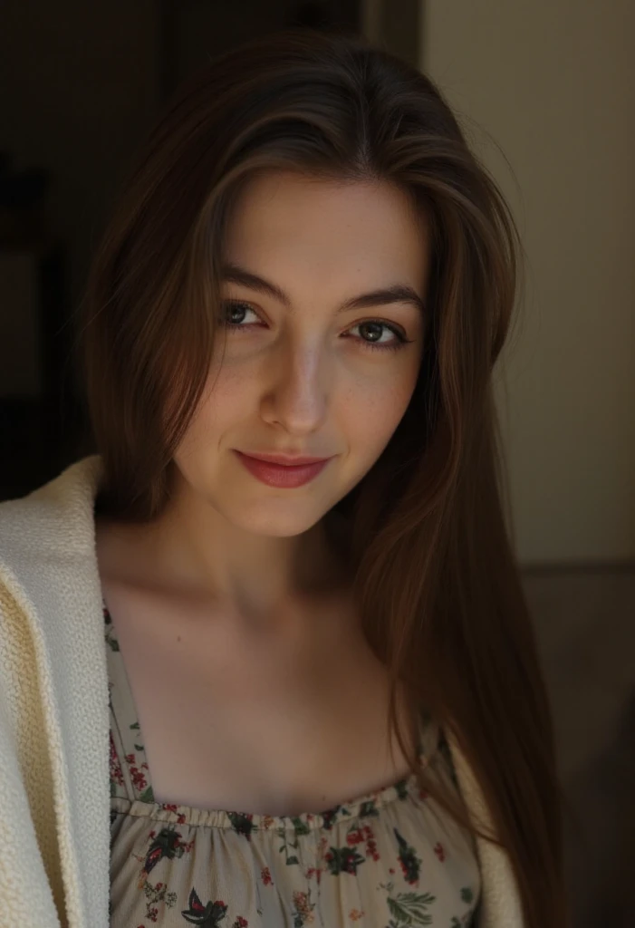 ((From a straight above, birds-eye perspective)), 1girl, Portrait of an 30 year old cute beautiful perfect face female teacher knelt on the wooden floor, very beautiful Russian, her eyes gazing up toward the camera, sleeveless t-shirt, (massive cleavage), solo focus, close up, presenting face, looking at viewer, sensual, smirking, mascara, eye shadow, eye liner, eye lashes