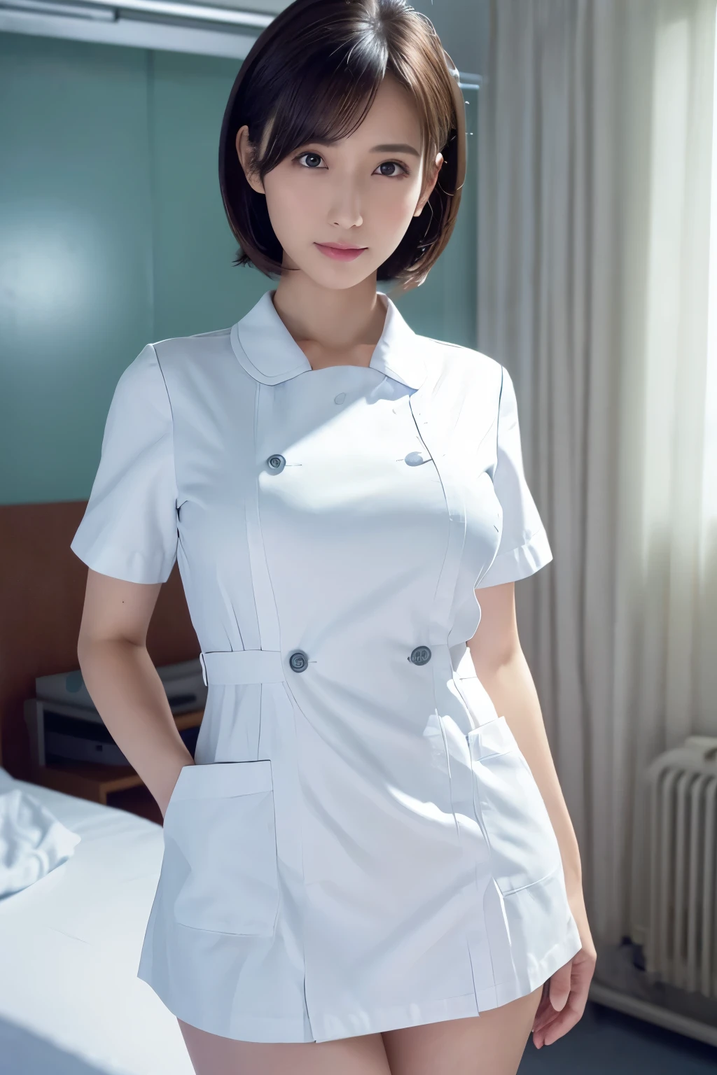 (3 Ultimate Beauty Nurses)、{{{masterpiece}}}, {Oh oh oh, Oh, really:1.2}, best quality, Official Art, Highly detailed CG Unity 8k wallpaper, Very rich facial details、Delicate lips、Delicate eyes、Double eyelids、((Black Bob Hair))、(Nurse:1.3)、(Attractive figure)、(huge)、((Open mouth smile: 1.8, Lovely smile: 1.8)), solo, Short hair details, Energetic smile, blue eyes,With eyes_Tokar, {Beautiful detailed gradient eyes}, Red lips,thigh, thigh, thigh, Perfect fit, Perfect ImageReality, Background and: (Hospital Ward:1.2), Cow Boy Shooting, Detailed background, Detailed clothing, Wearing a nurse hat,Wearing nurse uniform,Perfect lighting、Surreal、(Reality:1.4)、8K maximum resolution, (masterpiece), Very detailed content, professional,