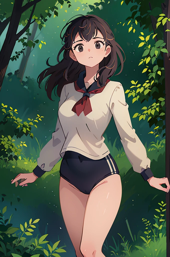 (masterpiece, highest quality),  (夜のdark森), One Girl, young teen, Black gymnastics bloomers, High leg、School Shirt, standing in night forest, Looking up at the forest、Anxious expression, Emotional, Wide-angle, dark, Best Shadow, watercolor,Oyuki