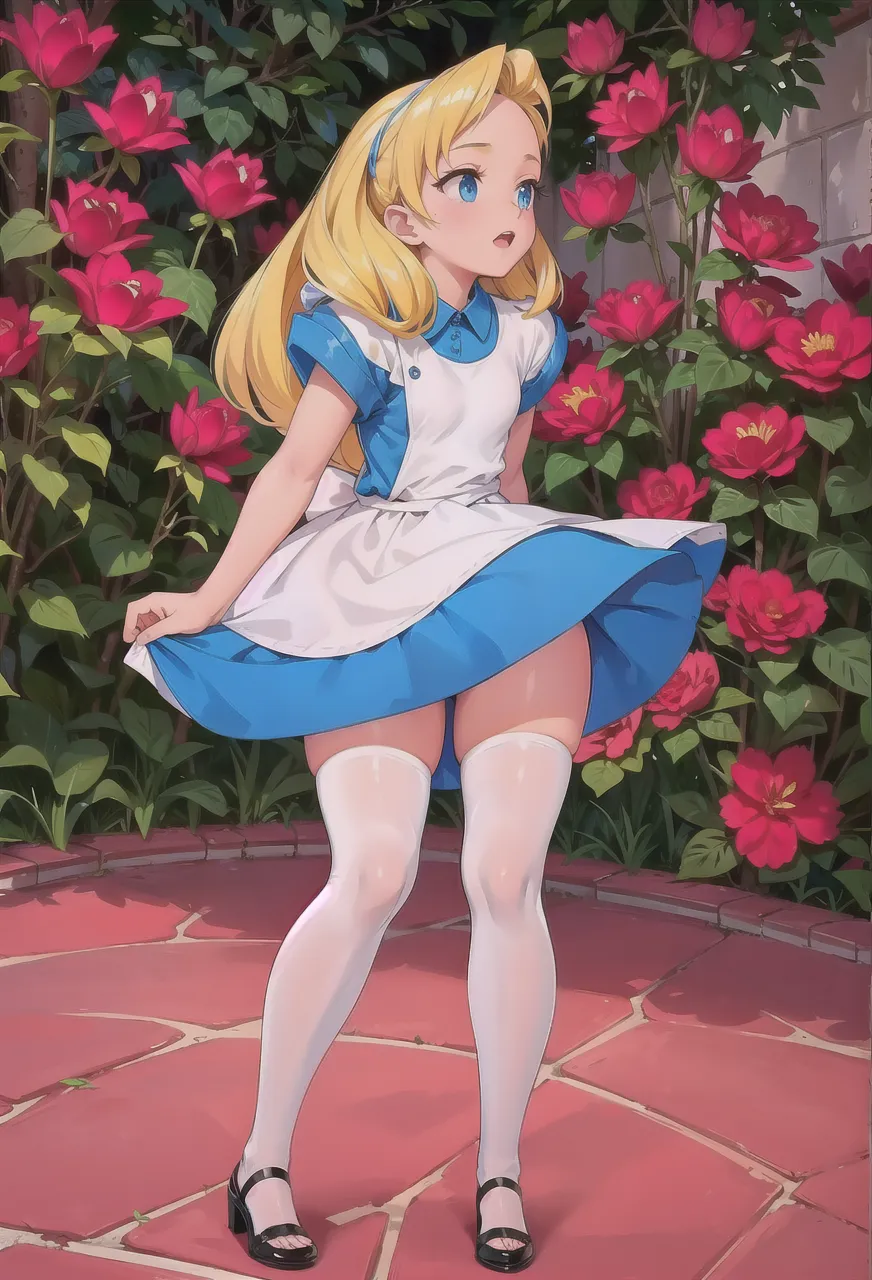 (masterpiece), (Best Quality), (extremely detailed), alicia lidell, Blue dress, White apron, black headband, Long white socks, Linda Pose, in a flower garden, (pond), (((Disney castle in the background))), (blue sky), (sunny day), 3D. illustration, Good highlights, perfect proportions, dynamic, professional, awarded, (very detailed skin), (Very detailed face), photorealistic, HdR, ultra high resolution, absurdities, perfect body shape, Nice smile, Realistic figure, posando very sexy, lying advance, very giant breasts, little bunny, cute little animal, very fat legs, very wide hips, very fat legs, very sexy, culaso, very big buttocks 