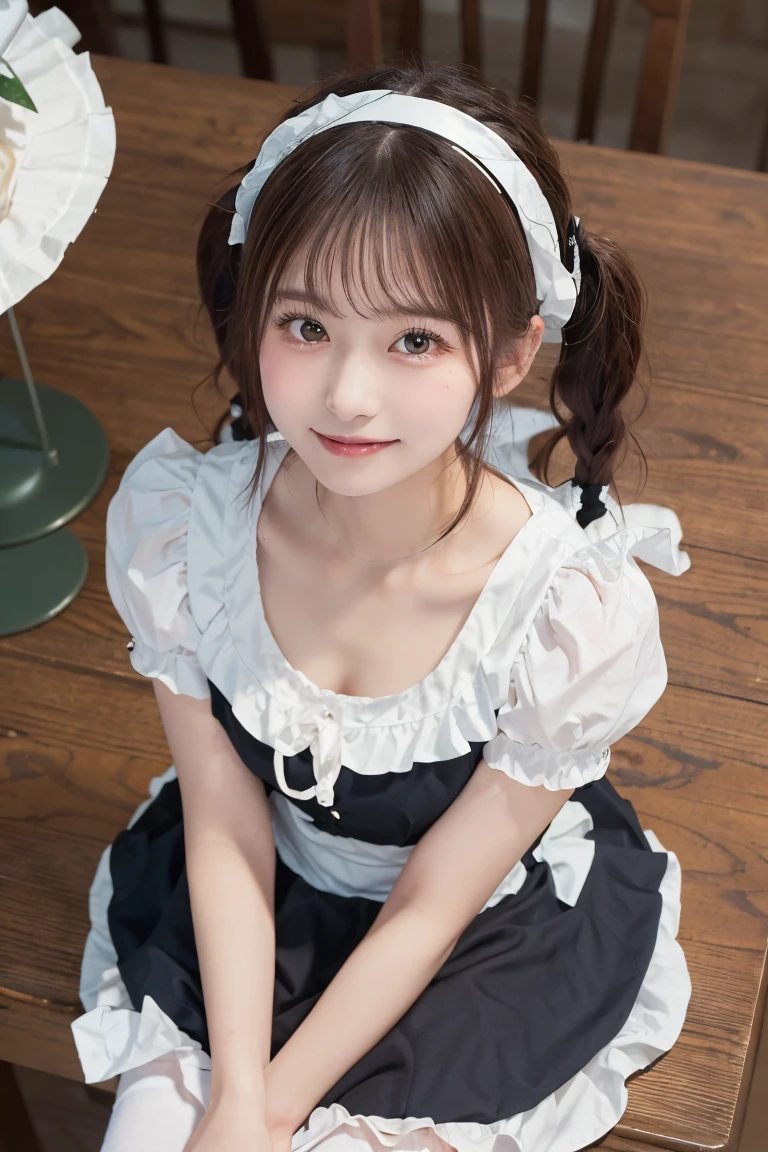 Beauty、Cute person、Beautiful woman、Young face、Detailed face、Maid clothes、lolita maid、Twintails、Embarrassed、Laugh a little、from above、wariza、ribbon、With bangs、whole body