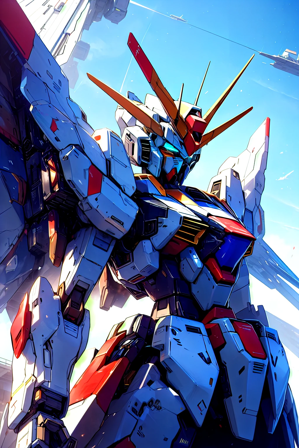 white、white色、white色の機体、 white、White、Unicorn Gundam、1 horn on the head、1 head antenna、Mechanical wings on the back、Back backpack wing armor、Mecha, robot ,not human,Shine,Alone,sci-fi,Shine eyes,, best quality,masterpiece, edgequality , beautiful intricate details,perspective silhouette ,((8k, best quality, masterpiece, very detailed, rule of thirds)),((Crazy image)),photorealistic,masterpiece,amazing,High Resolution,High Resolution,sharp concentration,photorealistic rendering,very detailedな説明, professional,intricate details, white、white色、white色の機体、 white、White、Beam Saber。 beam shield、 Funnel 、