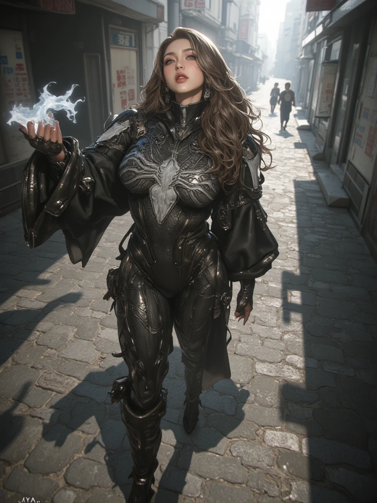 game character, East Asian original art character design, 1 girl, alone,[:(gradient background:1.5):40],whole body,big breasts, Supergirl costume dress,atmospheric perspective, Sony FE,