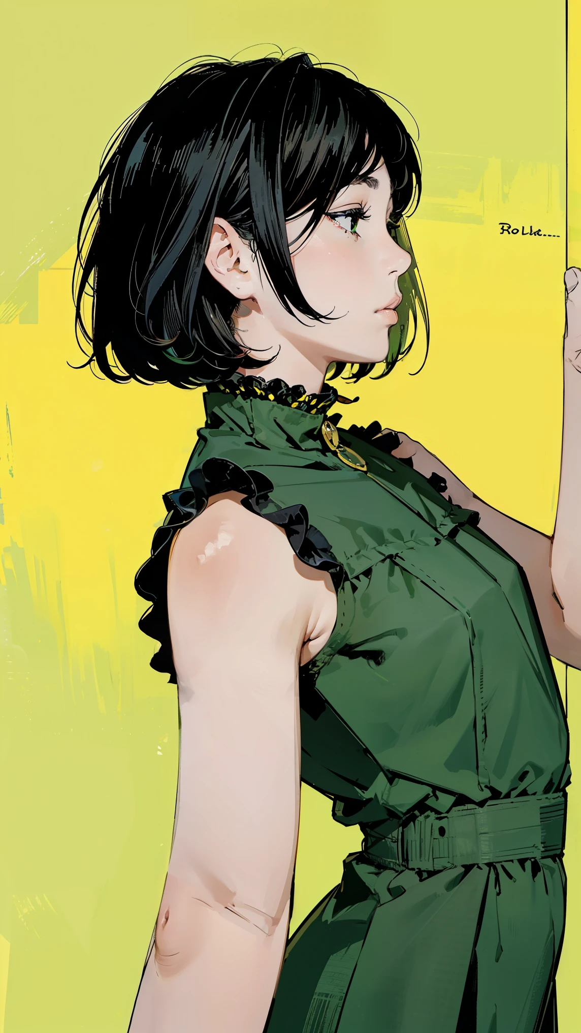 Yellow-green background、profile、(masterpiece, top quality),has good colors,colorful, top quality, Amazing Details, anatomically correct, line art , written boundary depth,flat shading,Bokeh, girls, black hair、short bob hair、Rolex setup、expressive eyes、Moderate bust、Raise your arms、anatomically correct、