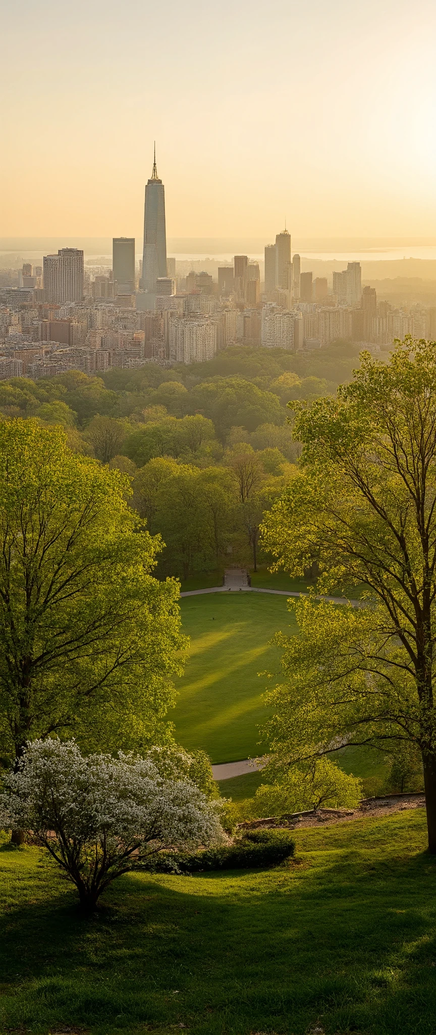 high image quality画像では、Central Park image from an angle from the south side、 highdefinition images、 colorful images 、 (Very Attractive VECG Unity 8k Wallpaper)、Central Park on a Calm Morning、It's spring、Morning sun sky、 Award-winning images 、 Chromatic Aberration、Inclusive 、high image quality、tree々Blooming Flowers々、Extremely Detailed Huge Park、Building Background。The ocean can be seen in the distance。