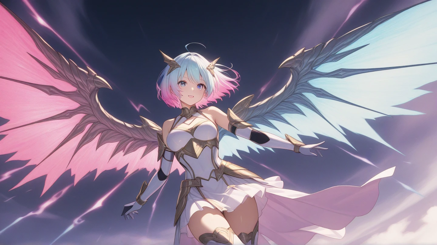 Whole body picture, Saber skin of Rafaela from mobile legends bang bang, with pink hair, mechanical wings
