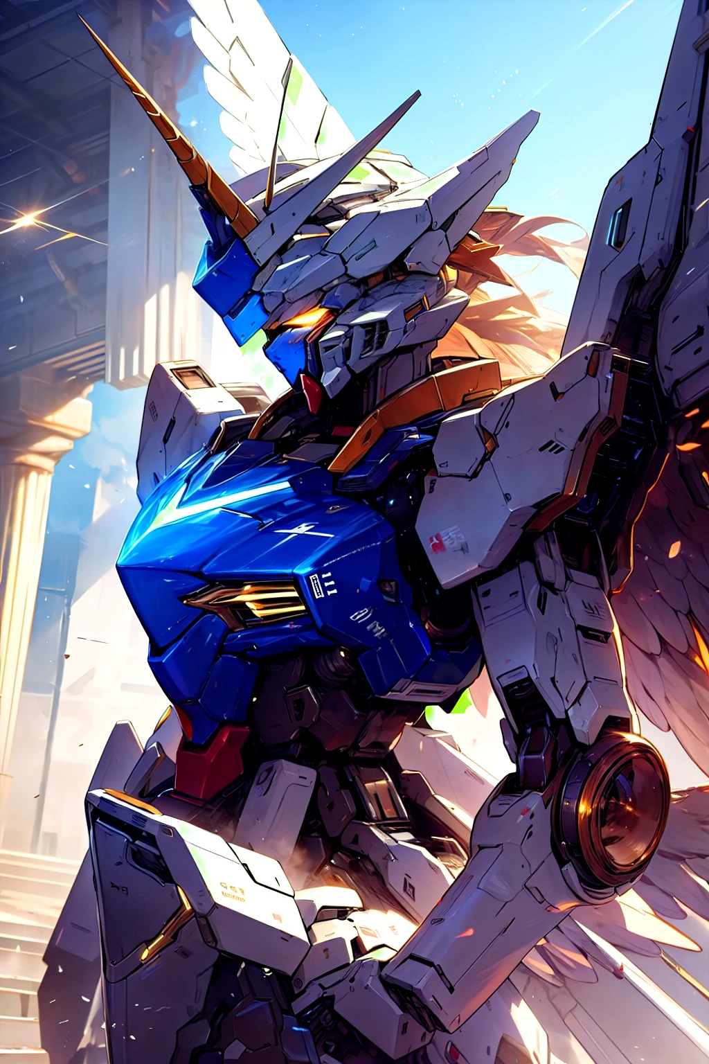 white、white色、white色の機体、 white、White、Unicorn Gundam、1 horn on the head、1 head antenna、Mechanical wings on the back、Back backpack wing armor、Mecha, robot ,not human,Shine,Alone,sci-fi,Shine eyes,, best quality,masterpiece, edgequality , beautiful intricate details,perspective silhouette ,((8k, best quality, masterpiece, very detailed, rule of thirds)),((Crazy image)),photorealistic,masterpiece,amazing,High Resolution,High Resolution,sharp concentration,photorealistic rendering,very detailedな説明, professional,intricate details, white、white色、white色の機体、 white、White、Beam Saber。 beam shield、 Funnel 、