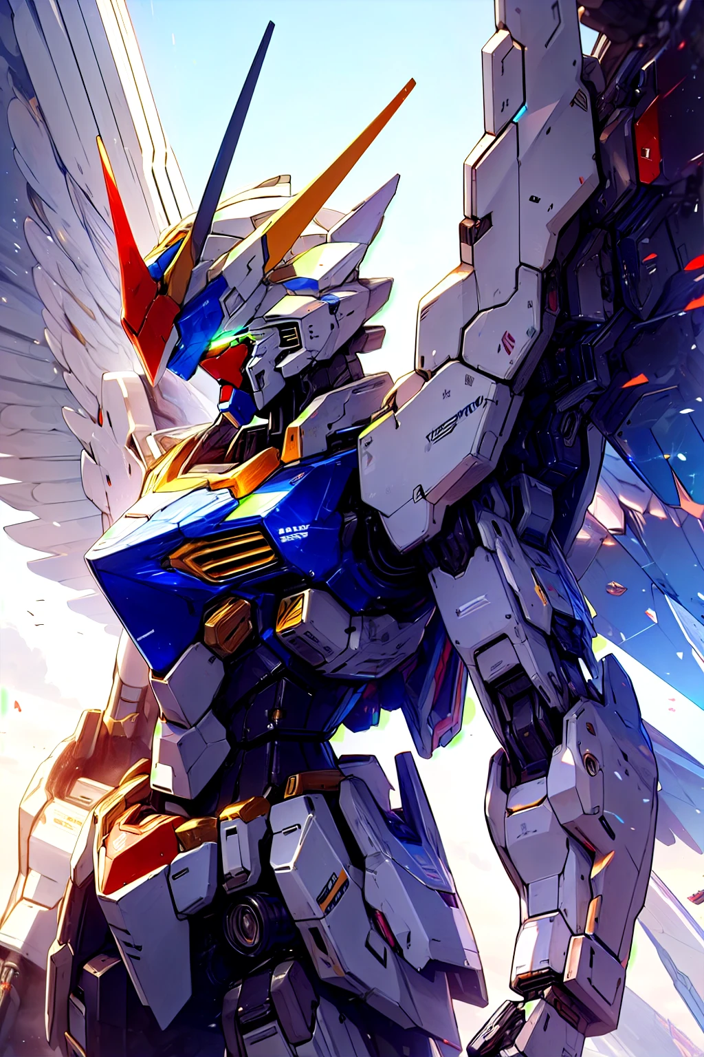 white、white色、white色の機体、 white、White、Unicorn Gundam、1 horn on the head、1 head antenna、Mechanical wings on the back、Back backpack wing armor、Mecha, robot ,not human,Shine,Alone,sci-fi,Shine eyes,, best quality,masterpiece, edgequality , beautiful intricate details,perspective silhouette ,((8k, best quality, masterpiece, very detailed, rule of thirds)),((Crazy image)),photorealistic,masterpiece,amazing,High Resolution,High Resolution,sharp concentration,photorealistic rendering,very detailedな説明, professional,intricate details, white、white色、white色の機体、 white、White、Beam Saber。 beam shield、 Funnel 、