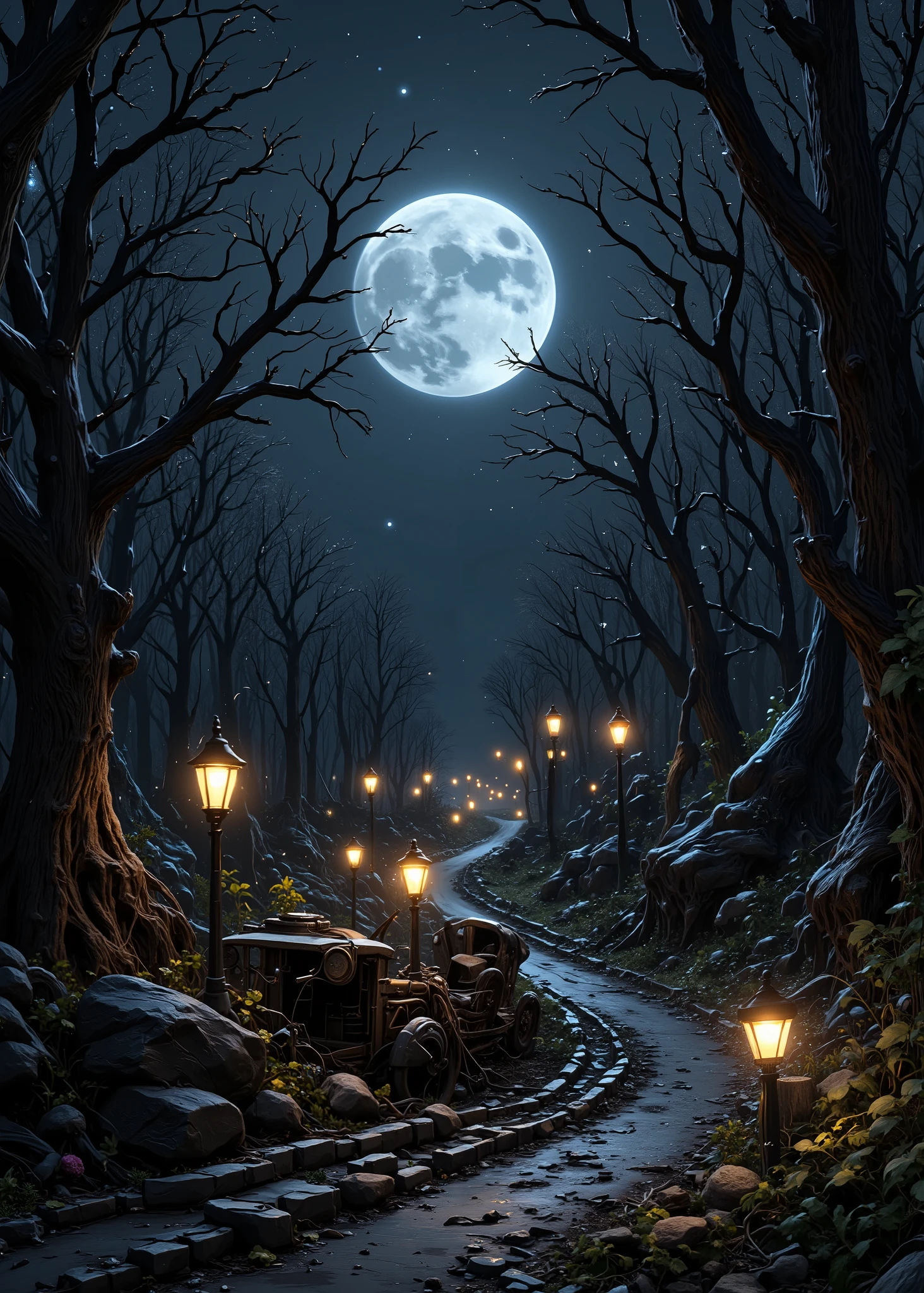 an old Ford type with a hood from the beginning of 1900、horror car、It's a small path in the woods and、streetlights continue at equal intervals on the side road、 dead trees、full moon night