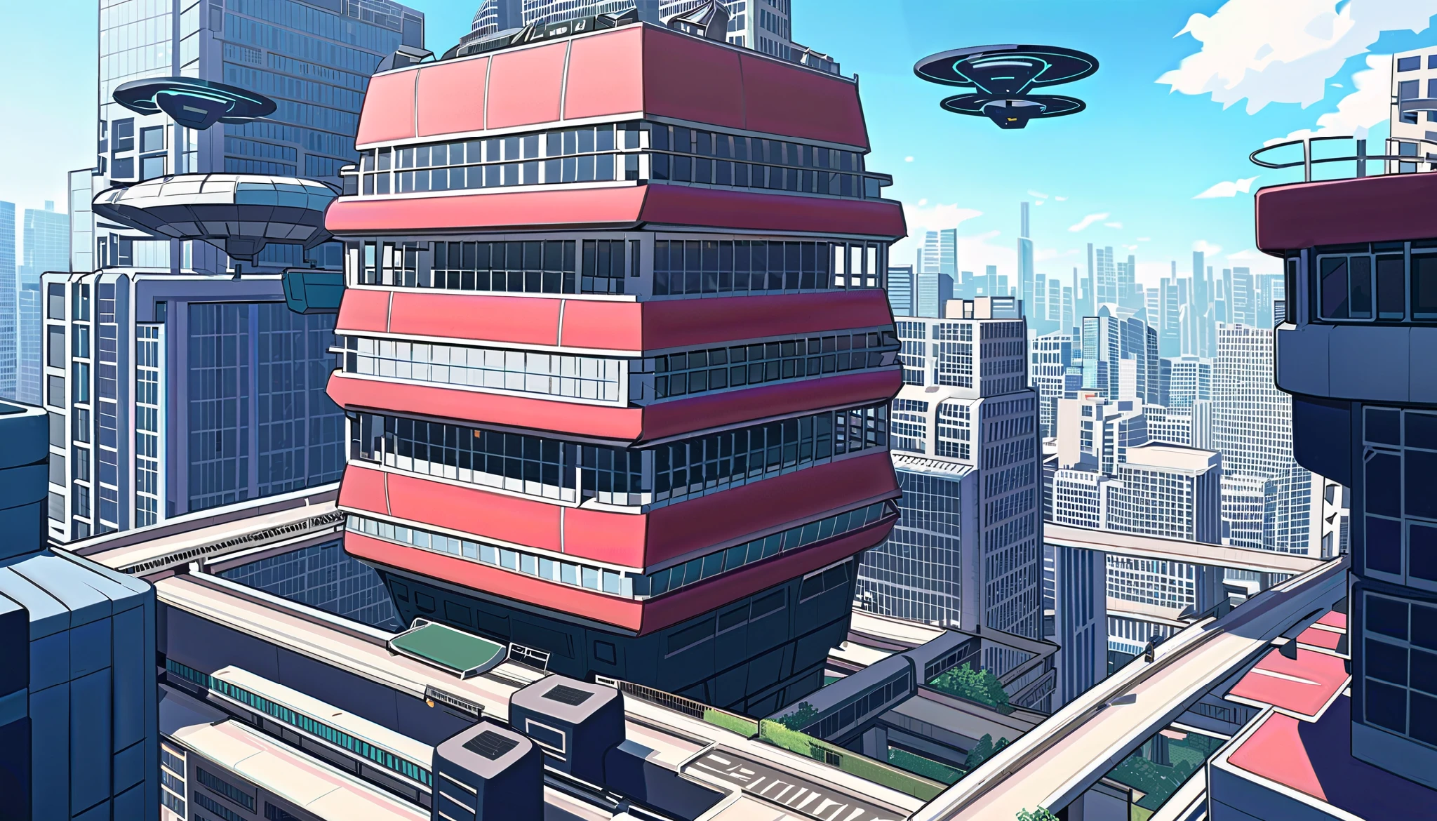 Kohei Horikoshi, My Hero Academia, anime artstyle, a big futuristic city, human city, dystopian, police drones, hero propaganda everywhere, cubical structures connected by bridges, streets, bridges, small spaceships flying between the buildings, far future, science fiction, megacity, very detailed, ((view out of a flying transporter)), cinematic
