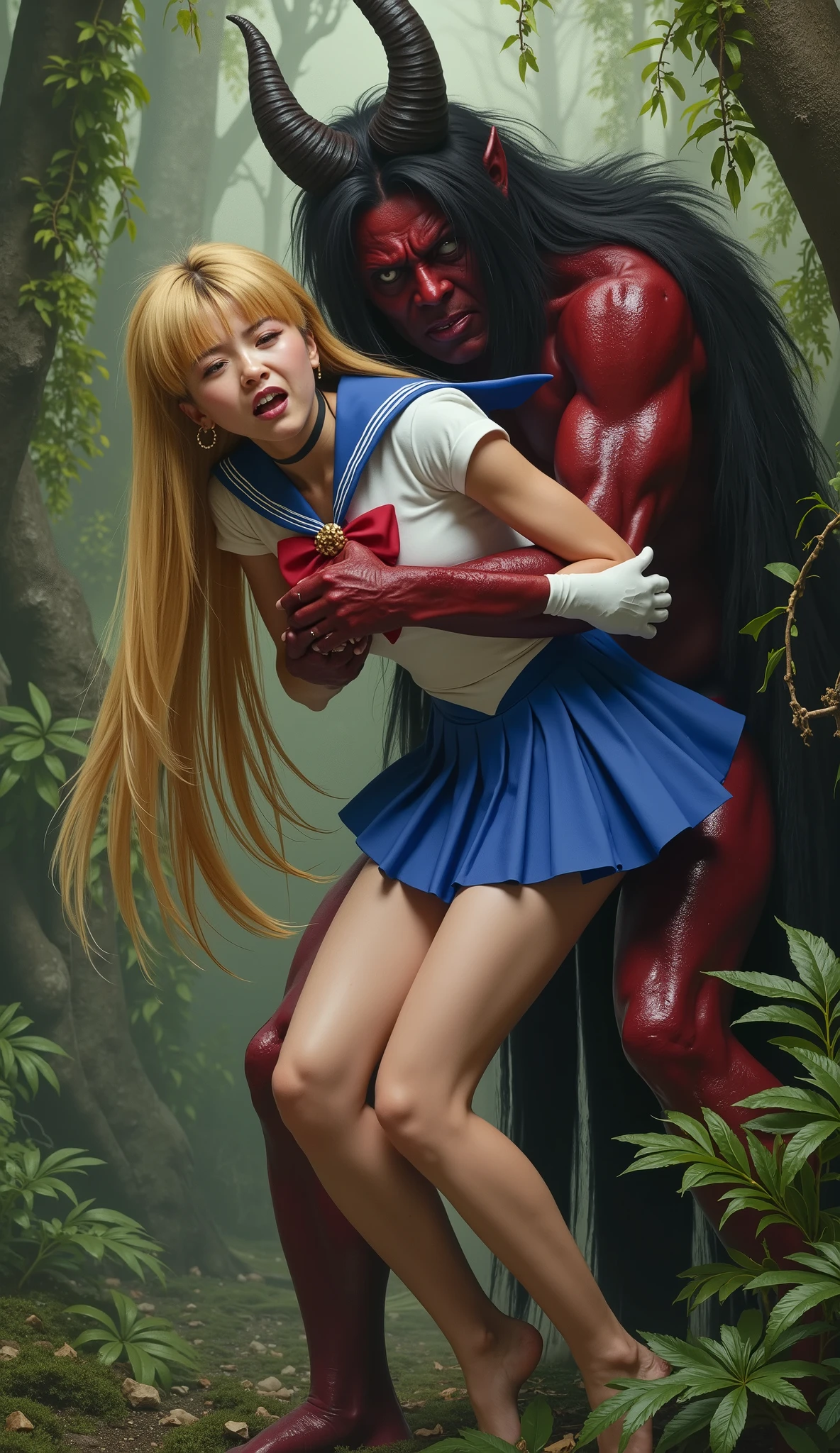 Hyperrealism, masterpiece, highest quality, A young Japanese woman is bending down and hugging from behind by a devil, ((she is crying and screaming in pain)), tears from her eyes, painful face, she is wearing a Sailor Moon costume, Blue sailor collar, Blue short mini pleated skirt, she is wearing a very short blue mini pleated skirt, (upskirt), Long white gloves, shiny beige color pantyhose, Exposed thighs, red long boots, big choker, long blonde Hair, a devil is standing sexual assault her from behind, the devil is hugging her tightly and push his private part into her body, in the jungle,