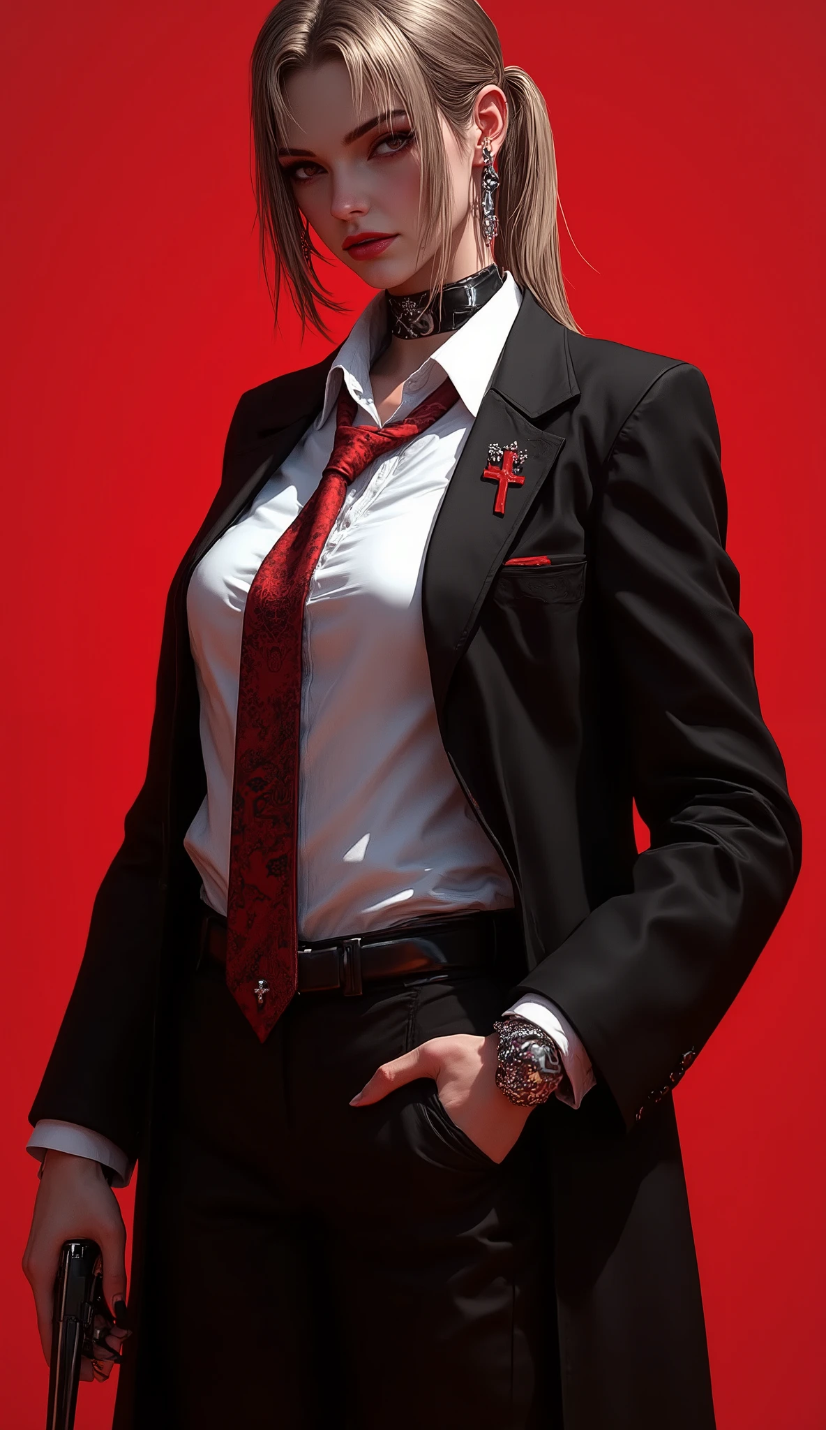 extremely detailed CG, high resolution, best quality, masterpiece, Adult badass Mafia Girl, Very Beautiful skim body and angry , Blonde-brown Hair, Always Wears a White Shirt Covered by a black Women's Coat That Fits Her Body, Wears a perfect tight full pant with red patterns and Wears a Red Tie with Black and White Patterns, and Has a pony tail Hairstyle Straight and , DOMINANT look on viewer, single solid color background , cinematic angle photo