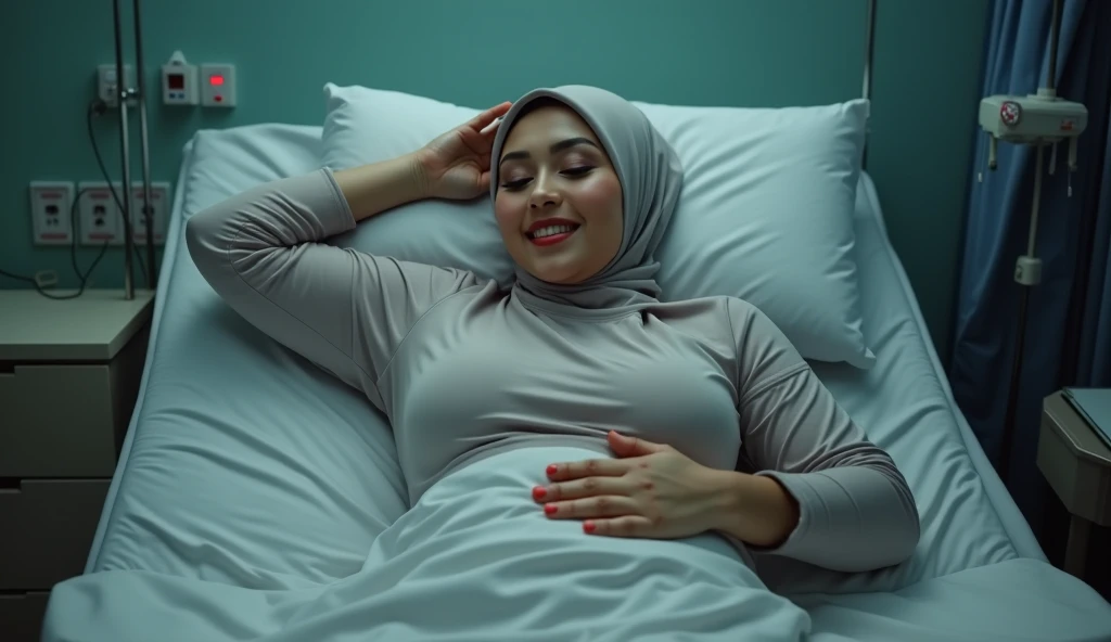 Plump vagina, sweating vagina, Beautiful girl wearing narrow dark hijab malay teenage girl 18 years old, kelantanese look, cute girl face, smiling, eyes looking at camera, grin, big laugh, nude, naked, big breasts about to burst out, closeup vagina, closeup view, curvy body, curvy hip, showing hairy vagina, vagina view, plump thigh, short body, realistic skin, view from below, spreading legs wide on scattered bed, in student room, books on bed, hand holding smartphone, night time, hard light, 35mm lens, establishing shot, pastel color grading, depth of field cinematography effect, film noir genre, 8k resolution, high quality, ultra detail