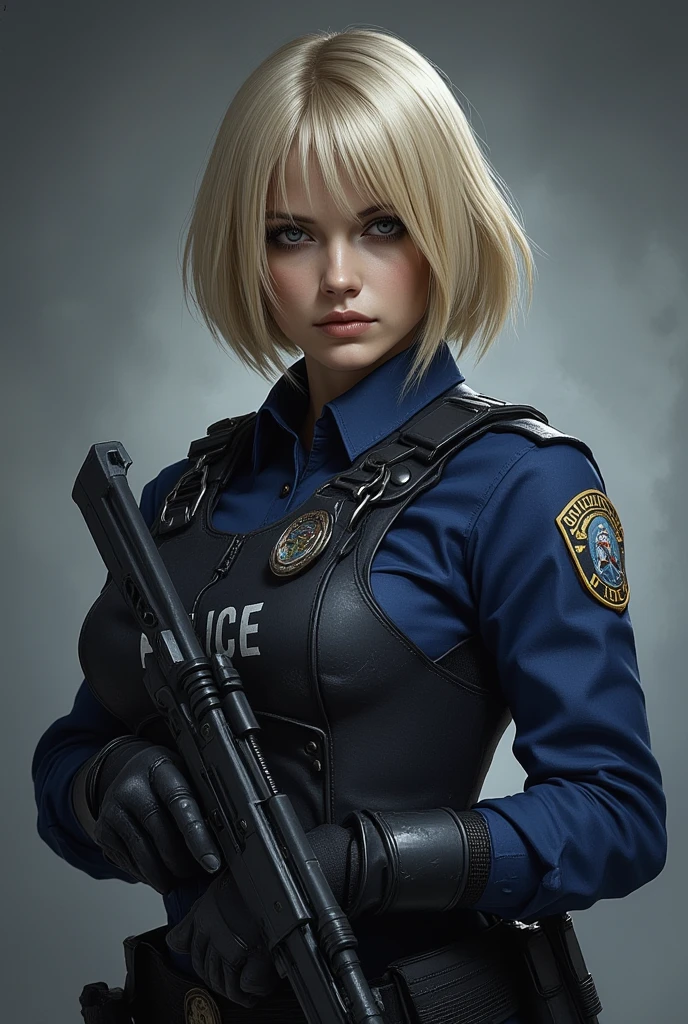 Beautiful female policeman , green short hair, blue eyes,Conceptual art, best photo shot, glowing light, realistic, UHD, textured skin, masterpiece, anatomically correct, best quality, 8k, full body,