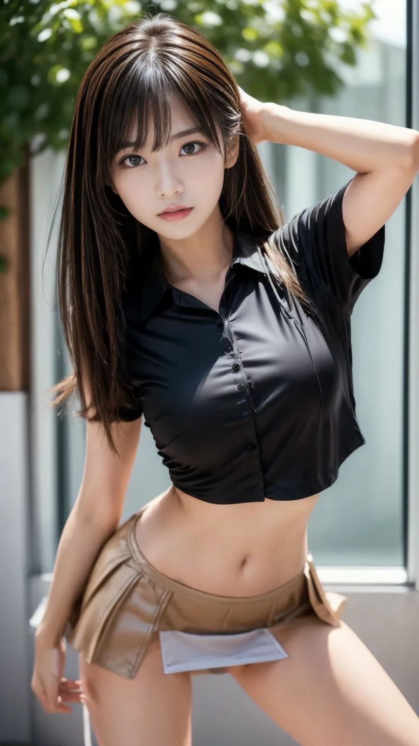 (RAW Photos, highest quality), (Realistic, photo-Realistic:1.3), masterpiece, Very delicate and beautiful, Very detailed, CG, Unity , 2k wallpaper, wonderful, In detail, A light smile, Very detailed CG Unity 8k wallpaper, Large file size, Super detailed, High resolution, Absurd, Soft Light, (((Medium Hair:1.3), Short bangs, Light brown hair, Floating hair NovaFrogStyle)), Beautiful detailed girl, Detailed fingers, Very detailed eyes and face, Beautifully detailed nose, Beautiful fine details, Long eyelashes, Light on the face, View Viewer, (Mouth closed:1.2), One girl, cute, young, Mature Face, (whole body:1.3), ((Small breasts)), Realistic face, Realistic body, Beautiful thigh details, (Ulzzang-6500-v1.1:0.8), suit, Cross-strap clothing, Collared shirt, Open clothes, At work, Details Office, Open cardigan, Black knee socks, mini skirt, Black underwear, Unbuttoned shirt,sexy、