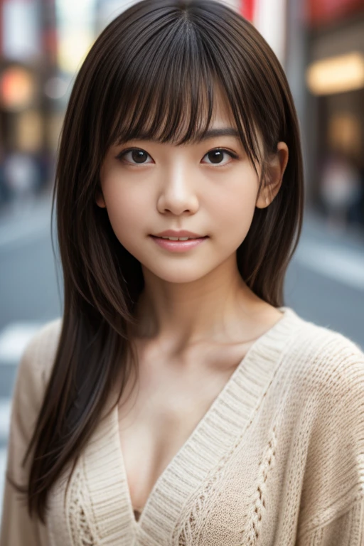masterpiece, highest quality, 8K, 15 years, Ten generations, RAW photo, disorganized, award-winning portraits, smile, smile, alone, night, neon, idol face, 美New, very pretty, cute, japanese woman,female idol, round big eyes, small nostrils, light makeup, big round eyes, tight waist, violaces, gardenia, delicate girl, Waffle knit cotton material、thin thin clothＶneck、The clothes are a light color、valley、bulge、nipples are transparent、Nipples are plump、Upper body, Digital single-lens reflex camera, looking at the viewer, Frank, Sophisticated, like々New, thin arms, professional lighting, film grain, chromatic aberration, (detailed eyes and face:1.0), (Bokeh:1.1)