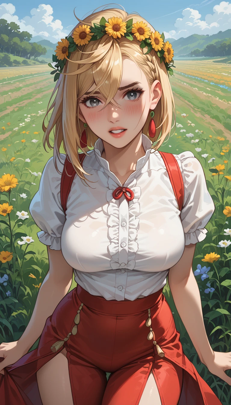 (masterpiece),best quality, expressive eyes, perfect face, 1girl,
big breast, H-cup, good breast, beautiful, gorgeous,anime,girl,lora, floating clothes,w sitting, w sitting on ground, legs on ground,aki shizuha,1girl,aki shizuha, blonde hair, short hair, yellow eyes, leaf hair ornament,red shirt,skirt,long sleeves,curtain chest ,hands on hips, hands on waist