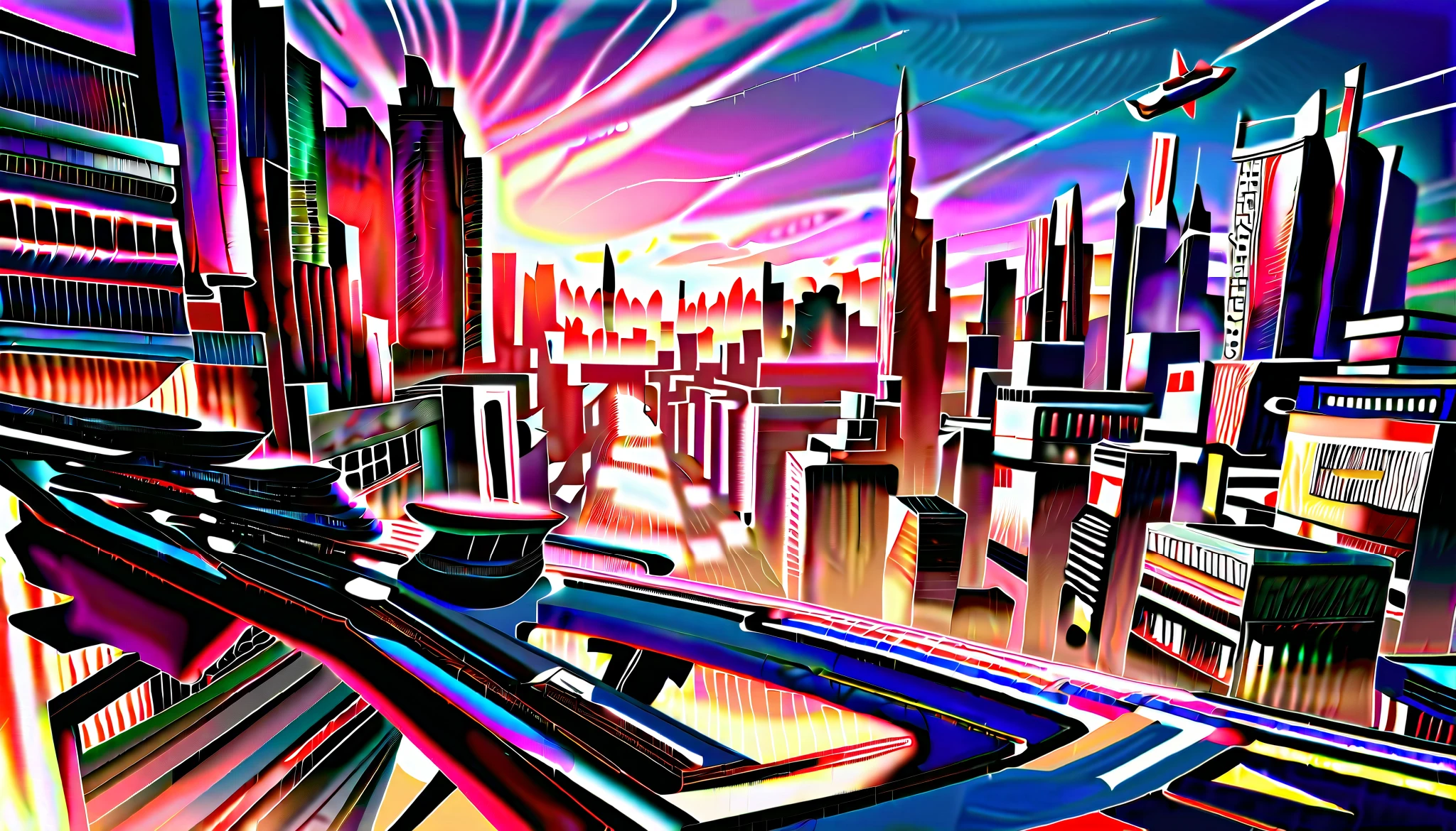 Kohei Horikoshi, My Hero Academia, anime artstyle, a big futuristic city, human city, dystopian, police drones, (hero propaganda everywhere), cubical structures connected by bridges, streets, bridges, small spaceships flying between the buildings, lots of people, megacity, very detailed, ((view out of a flying transporter)), cinematic