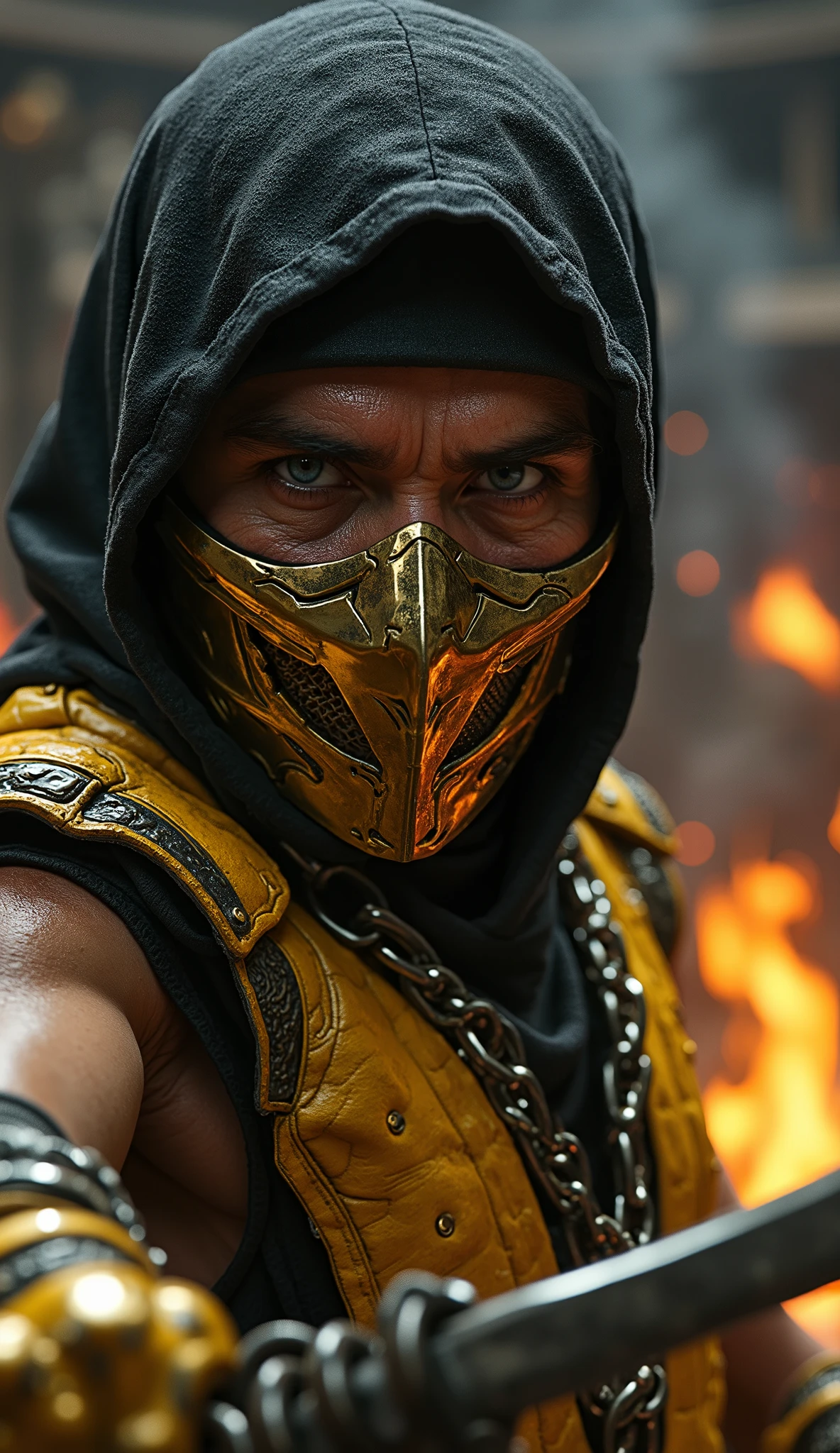 Here's a detailed prompt to generate a super realistic image of how Scorpion, with a shiny metal mask and yellow and gold details, focused on the upper body: "Hyper-realistic close-up of how Scorpion, the iconic ninja specter of * mortal kombat*. He is in an intense and threatening pose, holding a kunai with a chain, ready to attack. Scorpion wears his iconic suit bright yellow and black, with gold metallic details that reflect light in an impressive way. Her metal mask, that covers part of the face , is highly detailed , with bright yellow and gold tones and intricate patterns that match your costume. The focus is on the face and upper body, highlighting the skin texture , the metallic reflections of the mask and the details of the suit. The lighting is dramatic , with warm tones and strong contrasts between light and shadow, creating a cinematic effect. The background is a realistic and dark setting, with orange and red flames dancing around her, dense smoke and elements of a destroyed medieval Japanese environment, adding an intense and enveloping atmosphere." This prompt should guarantee an incredibly realistic and detailed image, focused on the upper body do como Scorpion, with a shiny metal mask and yellow and gold details, against a striking background! hyper detailed