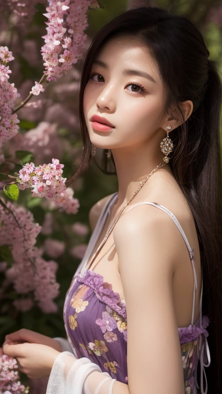 Absurd, High Resolution, (Close-up:1.4), Side View,Upper Body,1 Girl,Glowing Hair, Glowing Purple Eyes,Fractal Art, Beautiful Background, (Fancy Background:1.3), Fancy Effect, (Hydrangea Effect:1.2), DNA Effect, White Effect, (Bright Color Scheme:1.2) Broken pink inner color with shiny brown hair, side-cut bob, shiny skin, Beautiful underwear with white base detailed lilac embroidery, cleavage