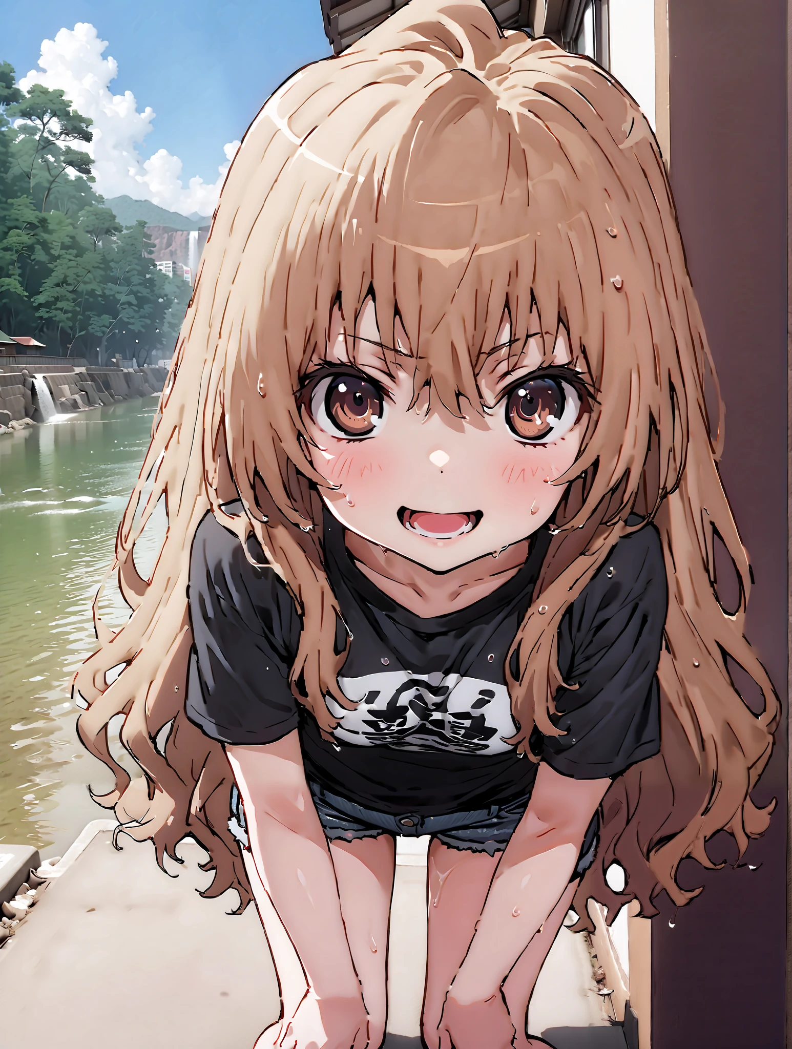 score_9, score_8_up, score_7_up, source_anime,
Taigaisaka, Aisaka Taiga,Alone, long hair, brown hair, brown eyes,ponytail,smile,open your mouth,plain black t-shirt,belly button sticking,Tie the hem of the shirt,denim micro shorts,Bare legs,wet skin,wet hair, wet clothes,in line of sight,river,Mountain,forest,waterfall,river遊び, playing in the water,full bodyがイラストに入るように,
break outdoors, nature,
break looking at viewer,full body,
break indoors, classroom,
break looking at viewer,
break (masterpiece:1.2),top quality , kampala, Unity 8K Wallpaper ,(shape:0.8),( fine, beautiful eyes :1.6),It's a person ,full body写真,CG Details , (perfect hands with full nudity, complete anatomy),