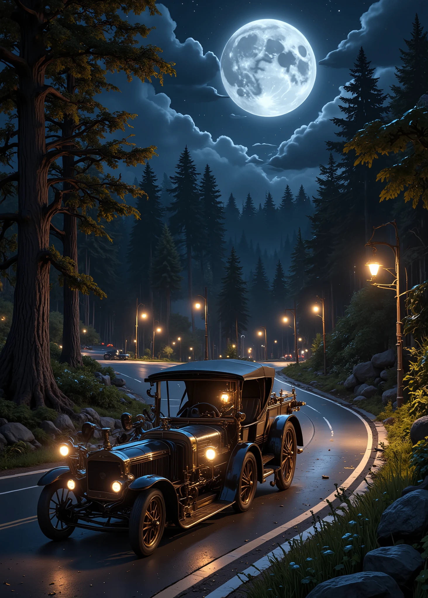 Steam cars 、An old Ford type car from early 1900 is parked in the middle of a forest road、Gently Curved Road、streetlights continue at equal intervals on the side road、full moon night