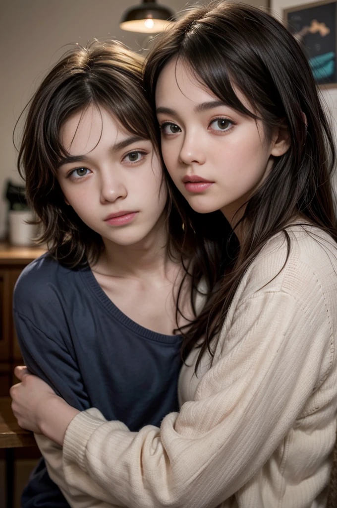beautiful girl, short hair, black and straight, big brown eyes, Dark skin, thin and short stature, smoking, dressed in a purple sweatshirt and black jeans