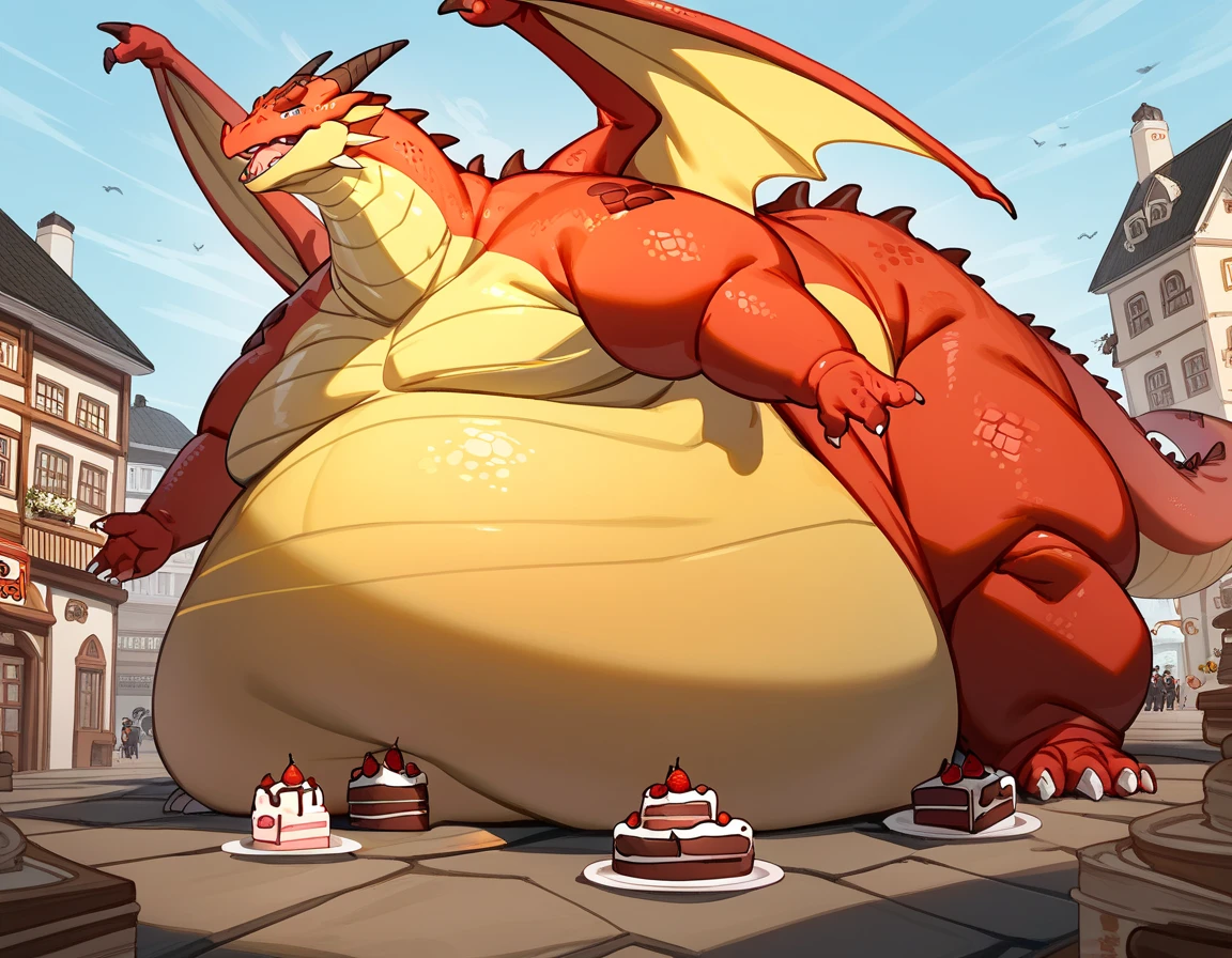 Drum Bunker dragon with a hinge bulging stomach so huge that it's making him bound to the ground while he sweats with a huge inflated belly with stretch marks it's so large it's seconds away from bursting open like a balloon 