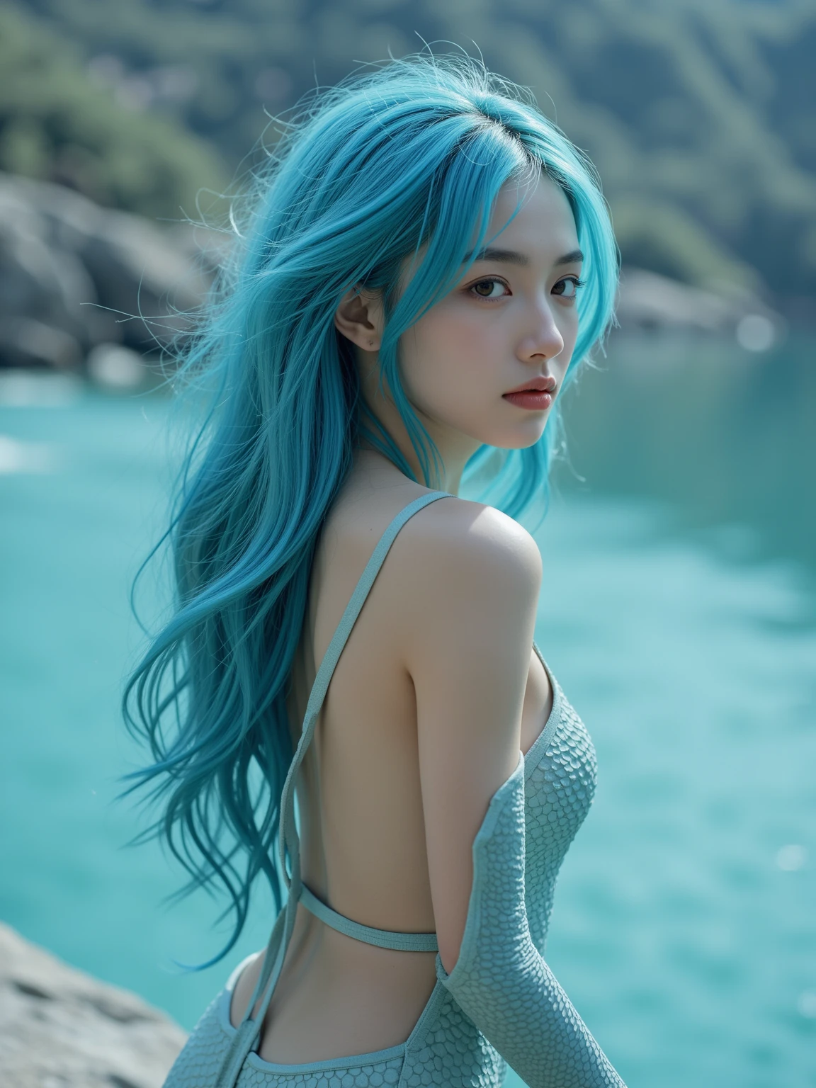(In 8K, best quality, muste piece:1.2)、ultra high resolution、20-year-old beautiful woman,ultra-detailed face,detailed eyes,long eyelashes,Brown eyes,glossy lips,brush,BREAK,silver blue hair,straight hair、long hair,blunt bangs,BREAK, mermaid sheer dress,cinema lighting,Are standing,detailed hand fingers、solo、look back,(Rocky Shoreline)