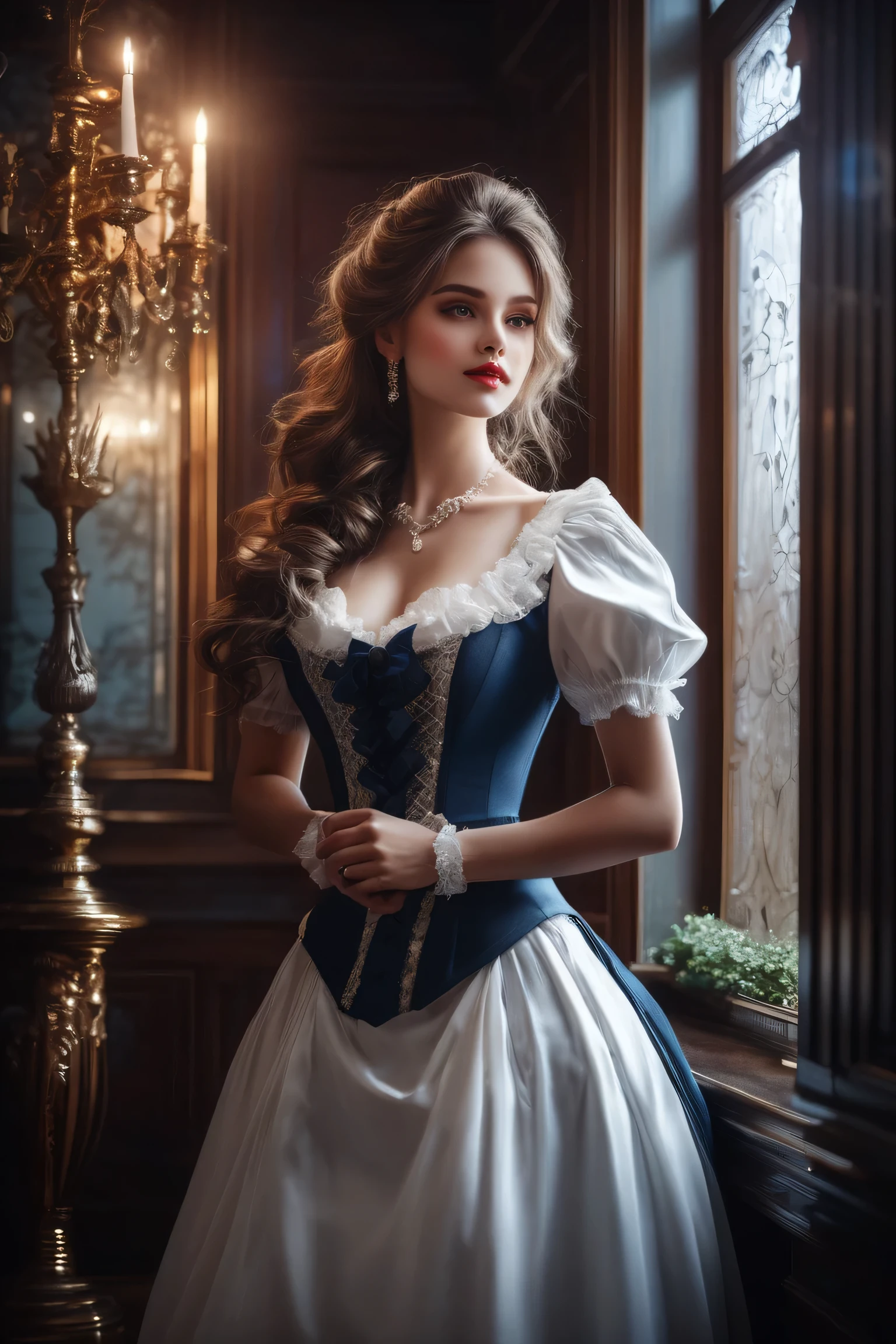 maid suit, a beautiful maid with long flowing hair standing in a luxurious Victorian room {x}, detailed eyes, detailed lips, extremely detailed face, long lashes, изысканный maid suit с кружевом и лентами, holding a dust brush, beautiful maid with long flowing hair standing in a luxurious Victorian room, light from the window, dramatic lighting, cinematic composition, highly detailed, photorealistic, 8 k, Masterpiece , smile