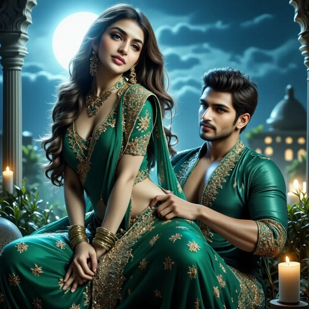 A realistic digital art High details)a Beautiful Indian couple of handsome men and beautiful women, romantic pose, in big moon night, dinner in garden, soothing tones, muted colors, high contrast, (natural skin texture, hyperrealism, soft light, sharp, full body), Beautiful background, background,