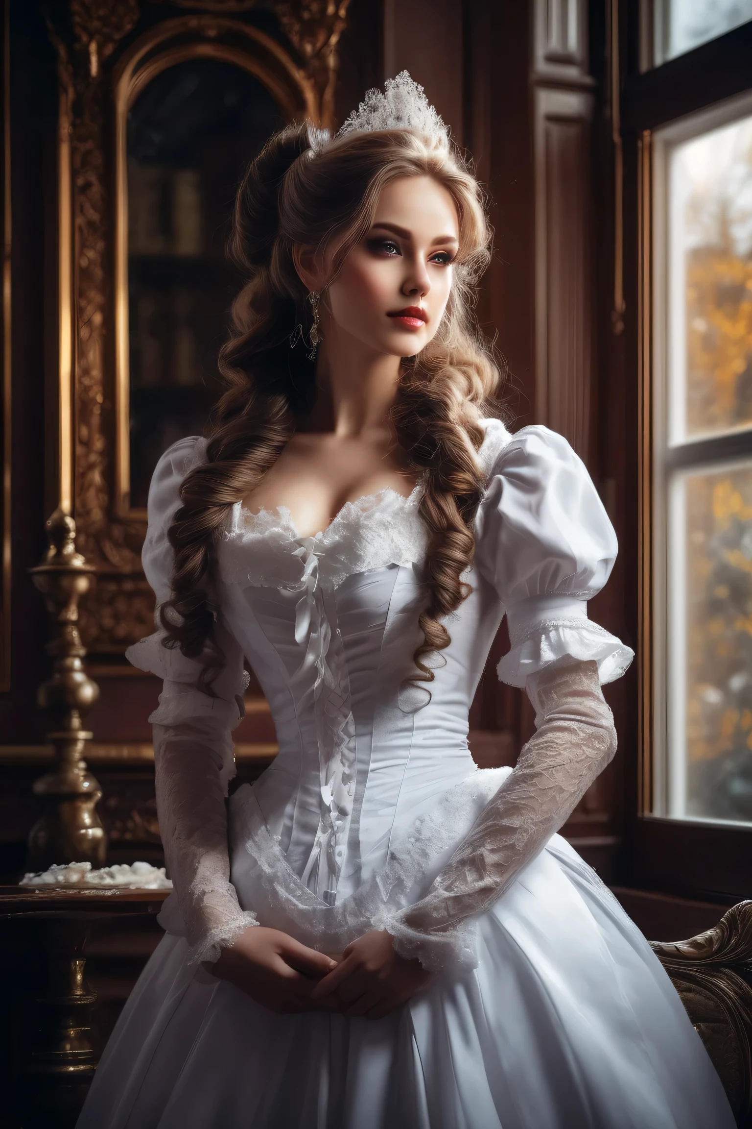 maid suit, a beautiful maid with long flowing hair standing in a luxurious Victorian room {x}, detailed eyes, detailed lips, extremely detailed face, long lashes, изысканный maid suit с кружевом и лентами, holding a dust brush, beautiful maid with long flowing hair standing in a luxurious Victorian room, light from the window, dramatic lighting, cinematic composition, highly detailed, photorealistic, 8 k, Masterpiece , smile