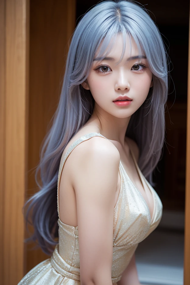 (in 8K、Raw photography、top-quality、masterpiece:1.2)、Silvery hair、25-years old、japanes、1人の女性、A detailed face、A detailed eye、Detailed mouth、ssmile、Night city、is wearing dress