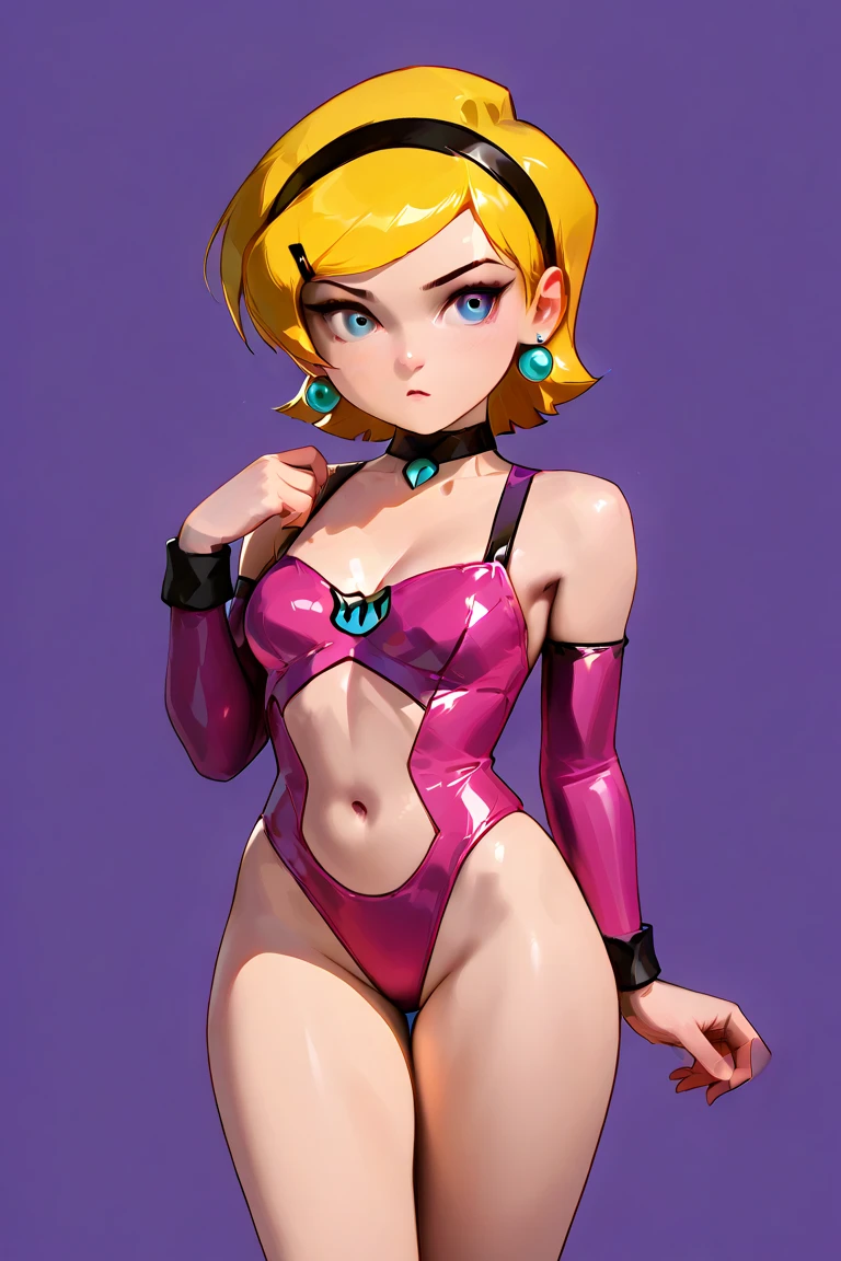 Blonde hair, short mash hair, turquoise eyes,A girl with impressive blonde hair、hair ornaments、short bob、hot pants、smile、dynamic pose, Pink bondage suit, mocking smile