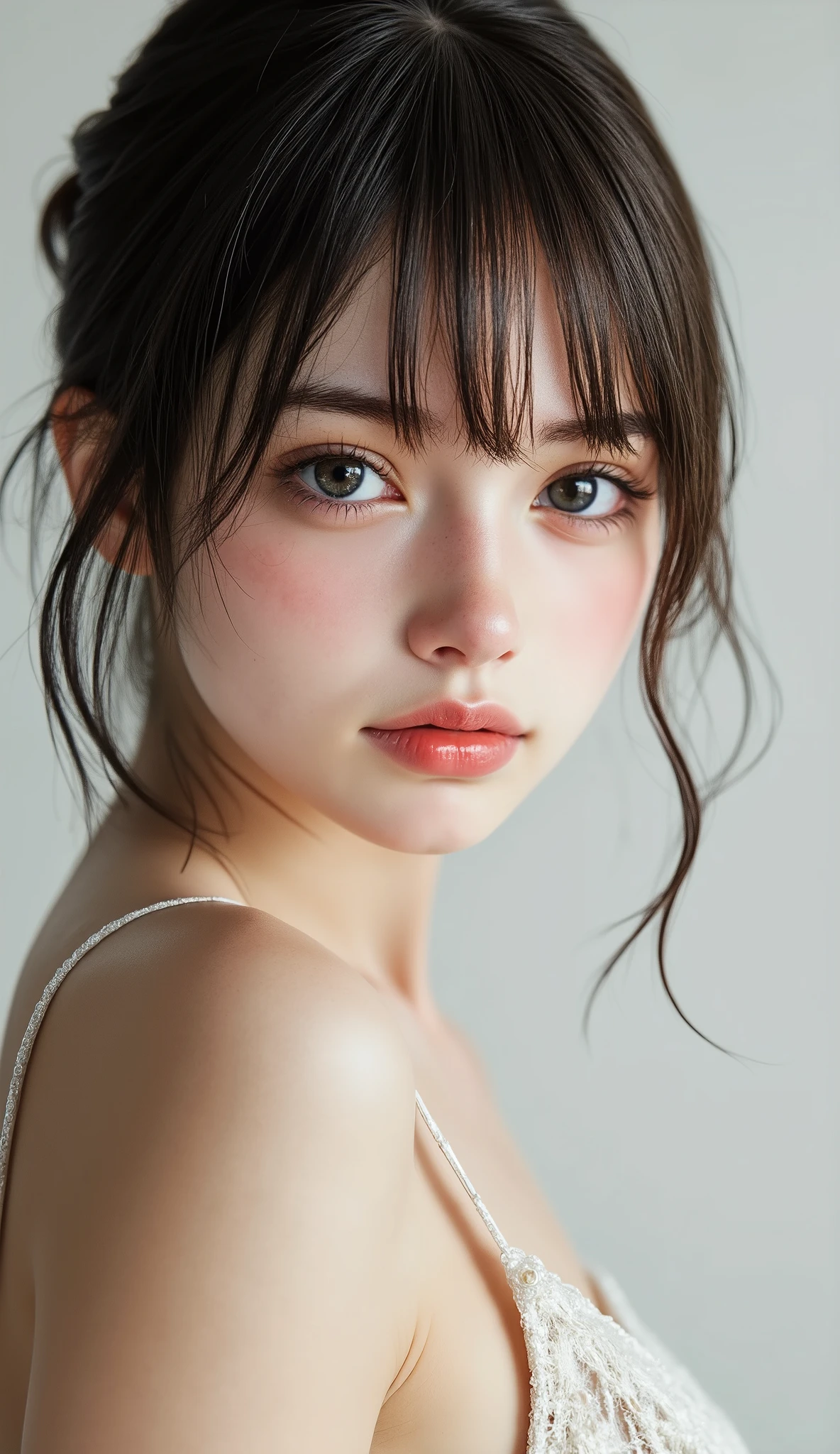 High quality, 8K Ultra HD ,ultra high resolution, beautiful mature woman,brown hair ,Straight short hair without air bangs ,Evening Dress,Big breasts,snow-white skin, front view,(((showing cleavage))).showing midriff, perfect plump body