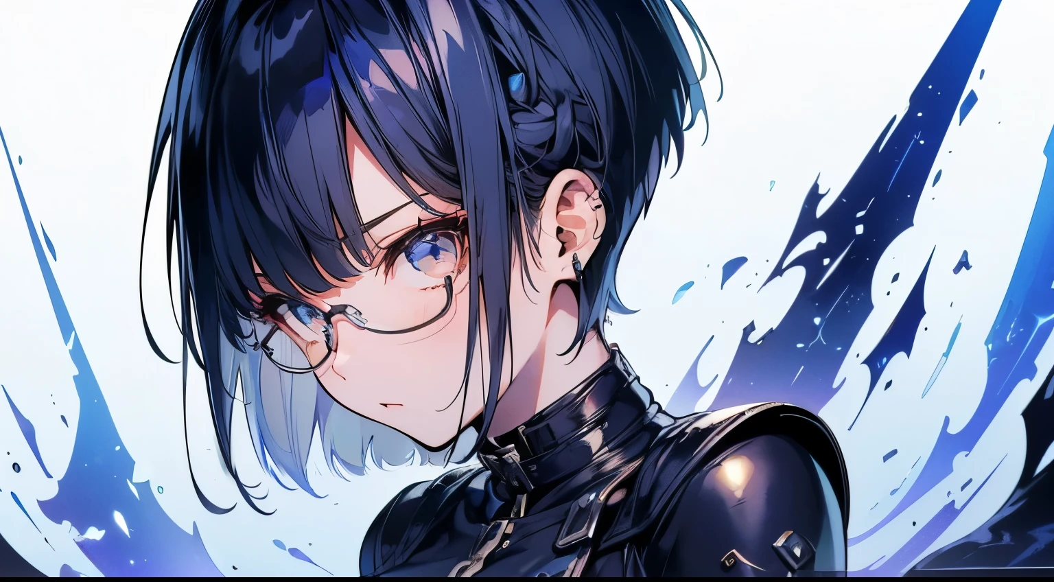beauty , masterpiece,Glasses ,blue hair、 (( give bangs)),,(( Fusion of leather and dress))、( Battle Costume), (( short hair:1.2)), muscular, (( slender body:1.3)),( perfect body) (( viewer)), ( details),( big eyes), ( sharp),( beautiful skin with glasses), ((視覚的なbeauty)) short hair、、 Curly hair、 white background