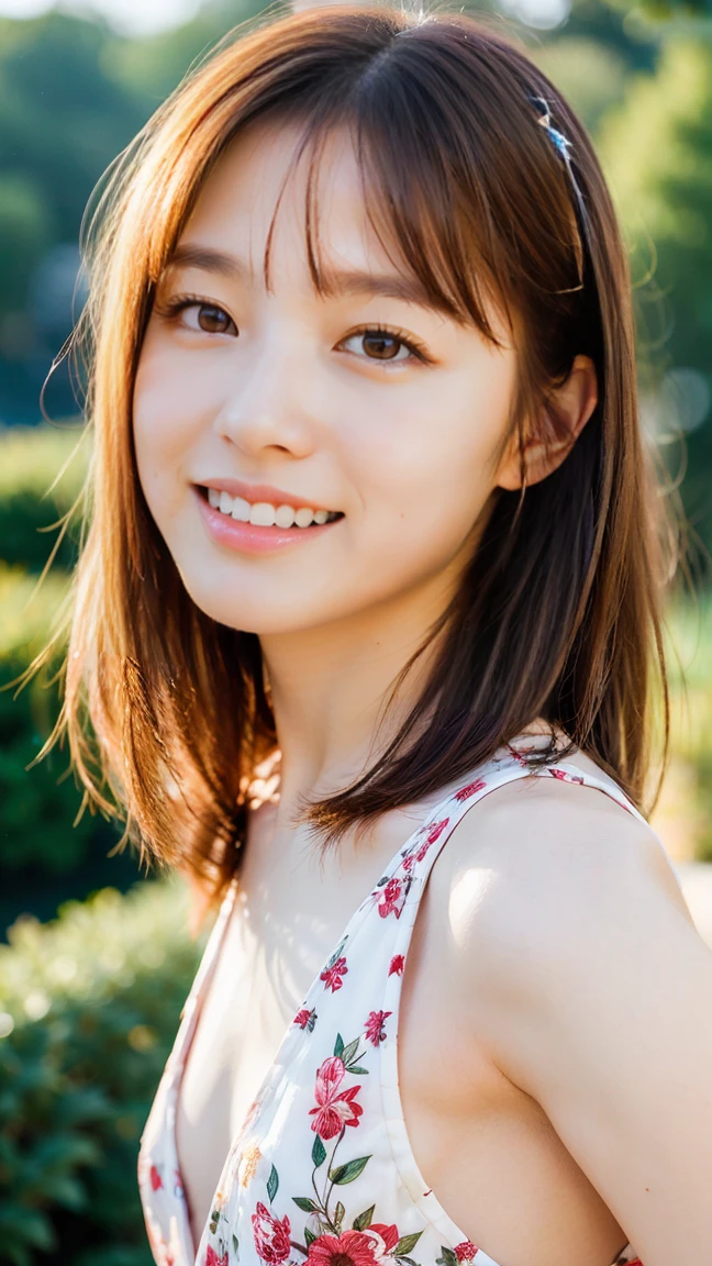 (short sleeves、pretty pajamas), , small breasts, , ,medium brown_hair, ,,, naughty smile , 1girl, cute, 18 years old, , look at viewer, , photo, realistic, best quality, hires, detailed face, (summer garden), detailed background, diffused lighting, depth of field, bokeh, , portrait, , ( masterpiece), accurate, anatomically correct, f/1.8, 90mm, Fujifilm GFX 50R, raw photo, regina display, super detail, high details, high quality, best quality, highres, UHD, 1080p HD, 4K, 8K, beauty, Slender , standing,cute, no_nsfw, anatomically accurate body、no nude,
