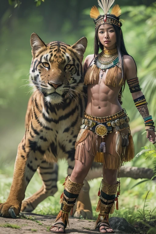 1 fit teenage borneo indigenous girl, (((slender abs:1.1))), wearing tribal head dress and hunting gears, standing hero pose naked with a large and angry siberian tiger, (((nsfw:1.7))), large breast, show girl genitalia, cover in battle scar, tribal tatoo, no dress upper and lower body, leg open wide to show  vaginal and breast, hyper realistic, lifelike texture, dramatic lighting, Nikon RAW photo, 8k, Fujifilm XT3,CitrineDreamMix, masterpiece, best quality, realistic, (photorealistic:1.4), ultra detailed, full body visible, (extremely detailed CG unity 8k wallpaper,masterpiece, best quality, ultra-detailed),(best illumination, best shadow, an extremely delicate and beautiful), (powerful and feminine), (jungle setting, depth of field, sunshine through trees, leaves, greenery, spirit animals)