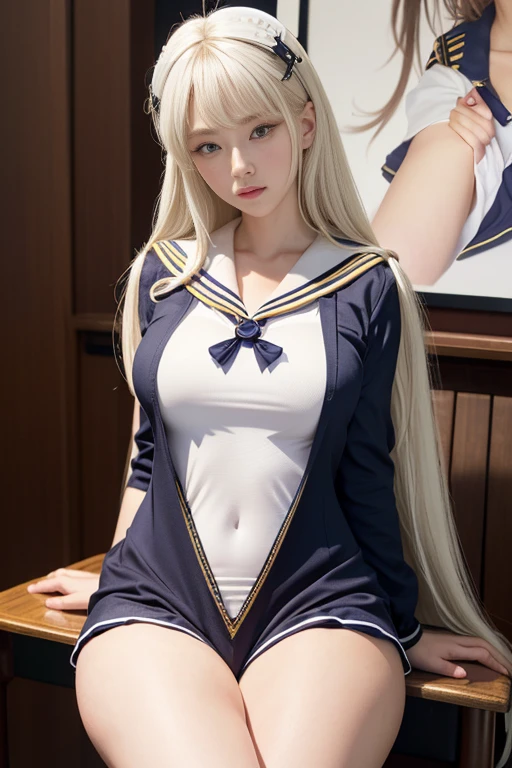 27 year old white woman、platinum-blonde、blue eyess、Semi-long、My hair is wavy、completely nude woman、completely pubic hair、Fully grown armpit hair、accessories on the wrist、wearing a choker、wearing knee socks and stiletto heels、a smile、wearing a tie-up shirt、Chest Pochi