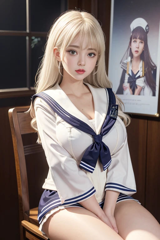 ((masterpiece:1.2、highest quality))、1 female、alone、classroom、Day、(Korean Idols:1.2)、(Are standing:1.4)、blonde、(Hime Hair:1.4)、Wavy Hair、Medium Hair、Beautiful thick muscle legs、break、((Sailor suit:1.4))、(burnt skin:1.4)、(sagging massive Breasts:1.5)、(black tights)、Hoop Earrings、corset、lipstick、Pleated mini skirt、Ring Choker、blush、smile、Covered breasts、(Thick lips:1.2)、Detailed body、Very detailed art, Luminism、4K resolution、3D Rendering、Exquisitely crafted , Cinematic、Realistic、Hit definition、Abstract Beauty、Approaching perfection, Pure Form, Golden Ratio、Very detailed, Digital photography, Soft natural light, 50mm lens, F1.8 Vacancies、blush、Small face、Small waist