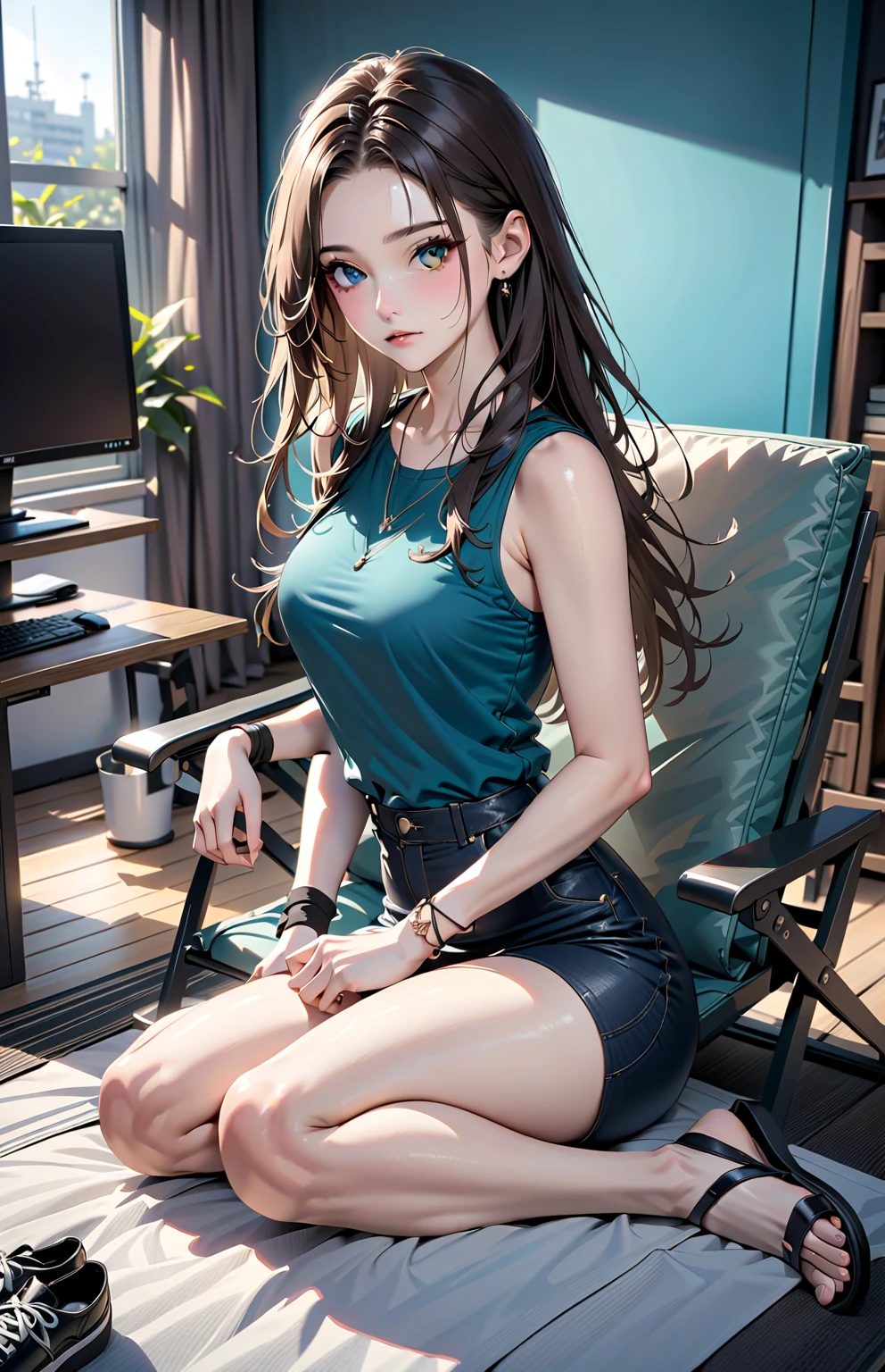 Create a high-quality, detailed image of a beautiful, anime cat gamer girl with tattoos and long hair, beautiful eyes, sitting at her gaming PC in her gaming room. She is wearing a tank top, and sleep shorts, showing her midriff, highlighting her stunning curves. The warm, inviting scene includes soft ambient lighting, comfortable seating, The setting is illuminated by a small lamp, creating a serene and intimate atmosphere
