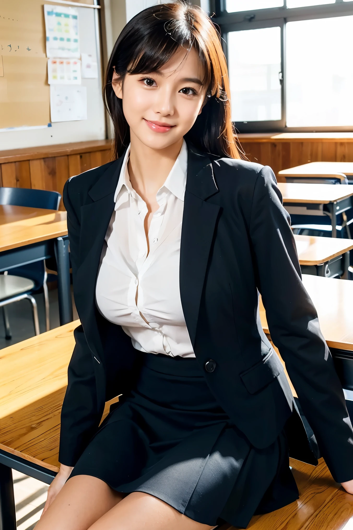 (high quality), (female teacher in green suit standing in classroom teaching), solo, 1 female, dark hair, medium hair, tied back, dark eyes, breasts showing, nipples, suit, tight skirt, classroom, teacher