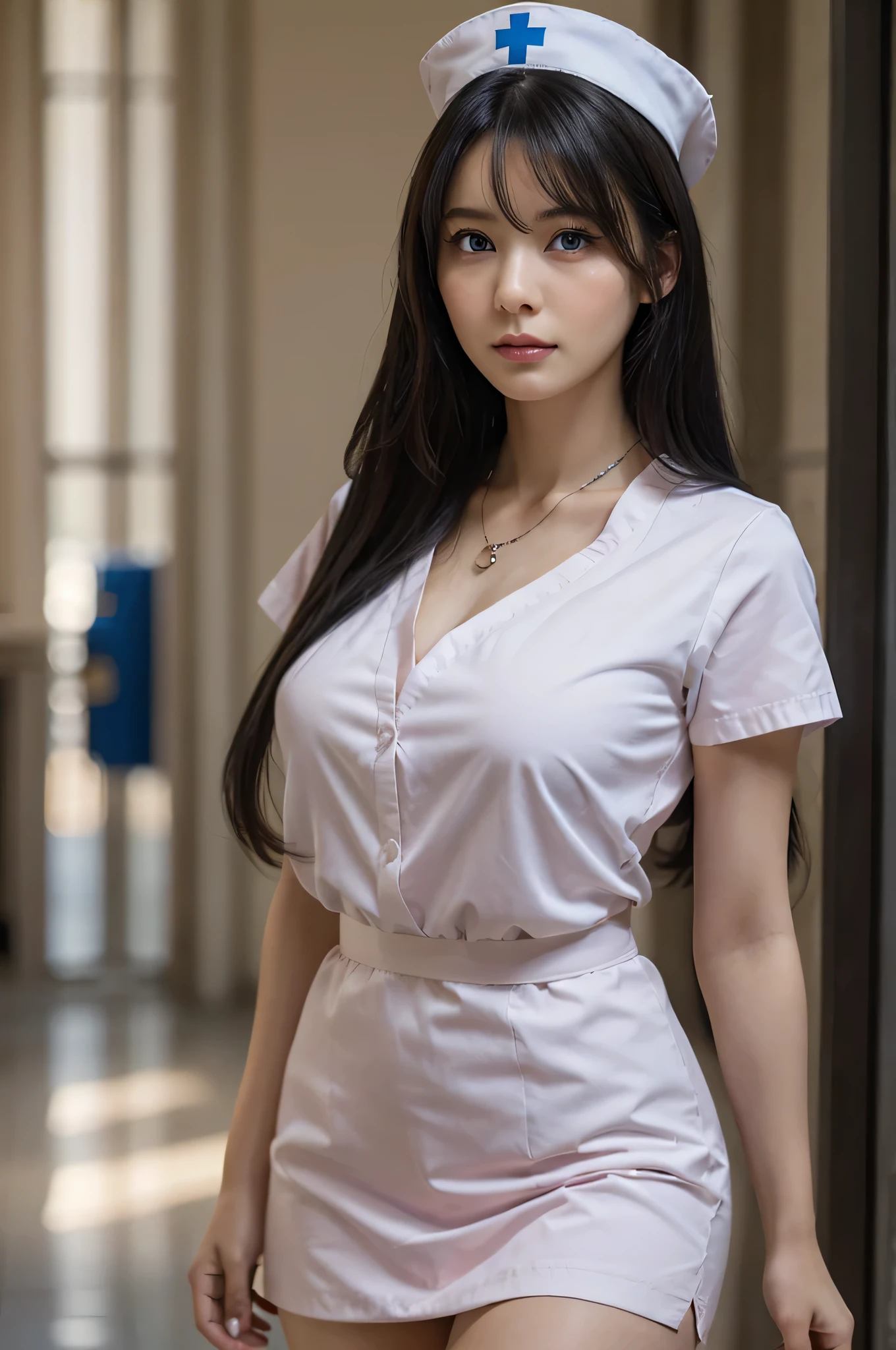 Tied Up Woman、(((Hands behind back with wrists crossed)))、(My wrists are tied with rope)、Beauty、Well-formed face、Shiny long black hair、Make your eyes even、Inside the hotel room、From behind、Show your whole body、White short sleeve shirt、Navy Semi-Long Skirt、Panty lines、Wearing pumps、Standing in front of the window、Age 25、Medium build、Like a real photo、Highest quality, light brown hair, straight hair, shiny hair, parted lips, seductive smile, Surrealism, Hyperrealism, Verism, cinematic lighting, tachi-e, first-person view, from behind, Nikon, UHD, anatomically correct, best quality, highres, 8k