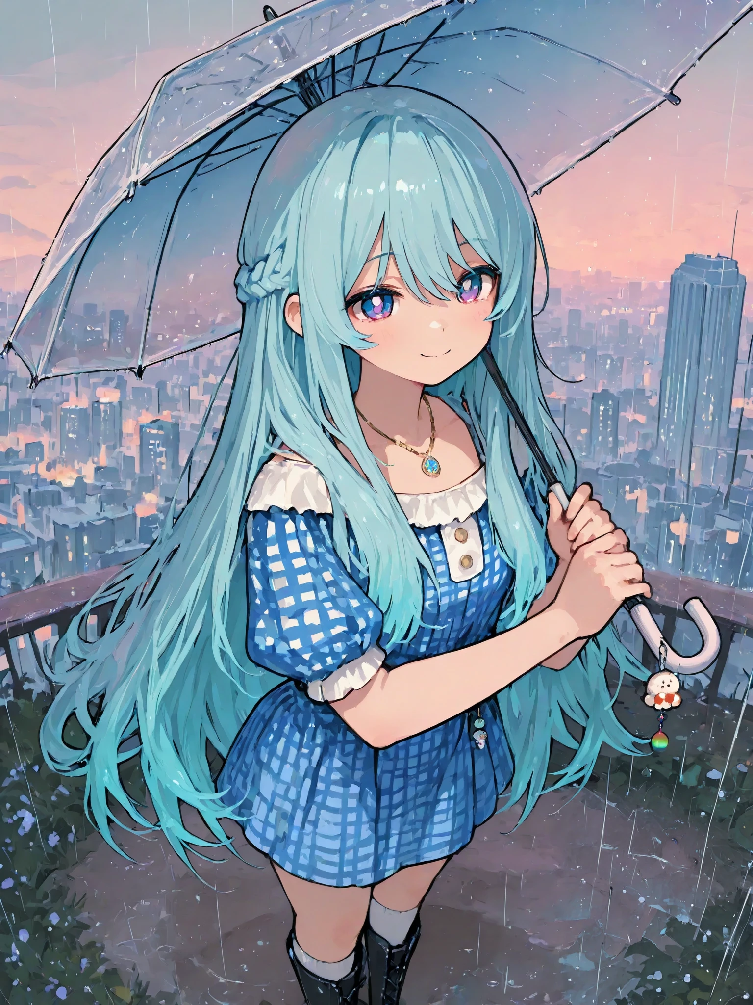 Anime girl with blue hair and blue dress holding an umbrella - SeaArt AI