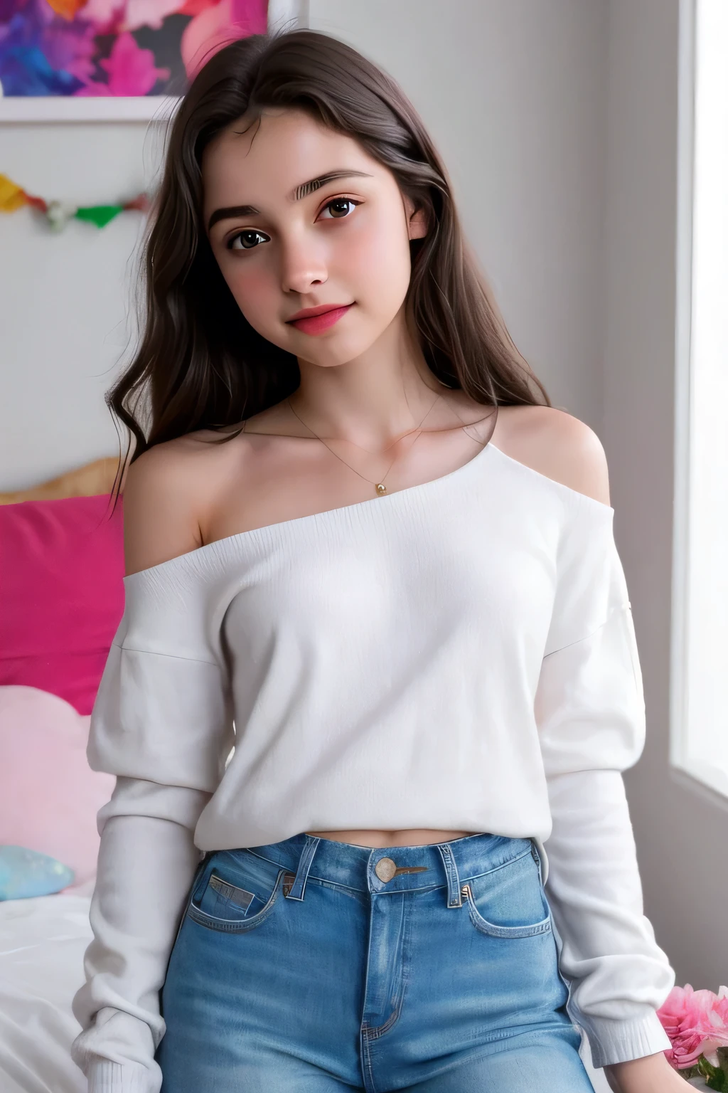 ager, RAW photos, close, (yo skinny girl ), latina, Colombian high school girl , (( Body )), pequeña ager, Dimples on the cheeks , happy smiling, beautiful Smile , masterpiece lenses , roStro beautiful, blush, graphic eyeliner , rouge, ( lipstick:0.6), (choker:0.9), realistic skin texture , (red:0.8), suave, lighting , cozy atmosphere, Instagram style, , thin, beautiful, beautiful, pale skin, the girl DoES a dance PoSE in her room Looks happy, wearing tight jeans, bare shoulder , She Wears a Short green Shirt , S, slim, thin girl, adoleScente slim, flat three-quarter , She is standing, Foto desde las rodillas hasta la cabeza, high heels , Maximum detail, Body pequeño, ager de S, Brunette Girl , Mexican Girl, Colombian GirlS , high school girl , high definition, 4k, lips, Maximum detail,